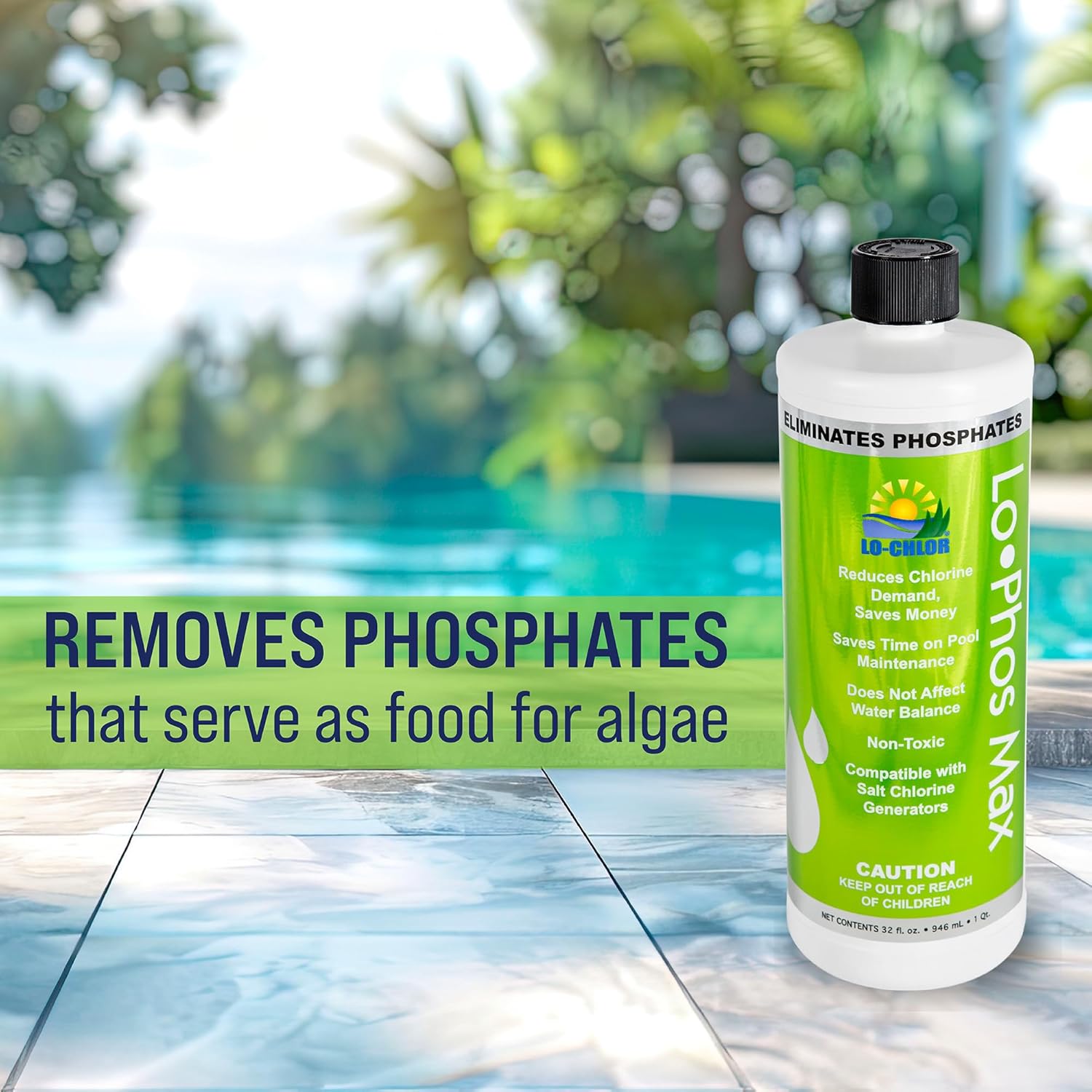 Lo-Phos Max Phosphate Remover Pool - Reduces Chlorine Demand and Costs, Highly Concentrated Pool Phosphate Remover for Swimming Pools - 1QT Removes Up to 7,500 ppb Phosphates (32 Oz)