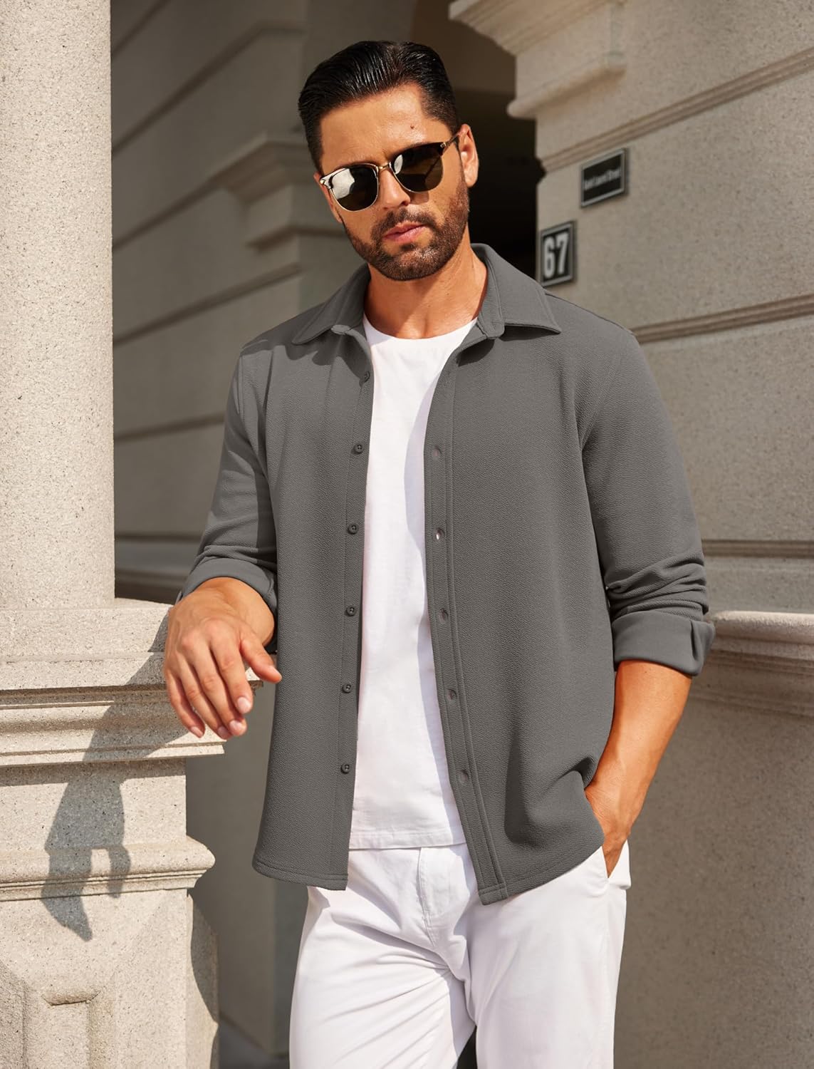 COOFANDY Mens Casual Button Down Shirt Long Sleeve Lightweight Jacket Fashion Textured Shirts - Image 2