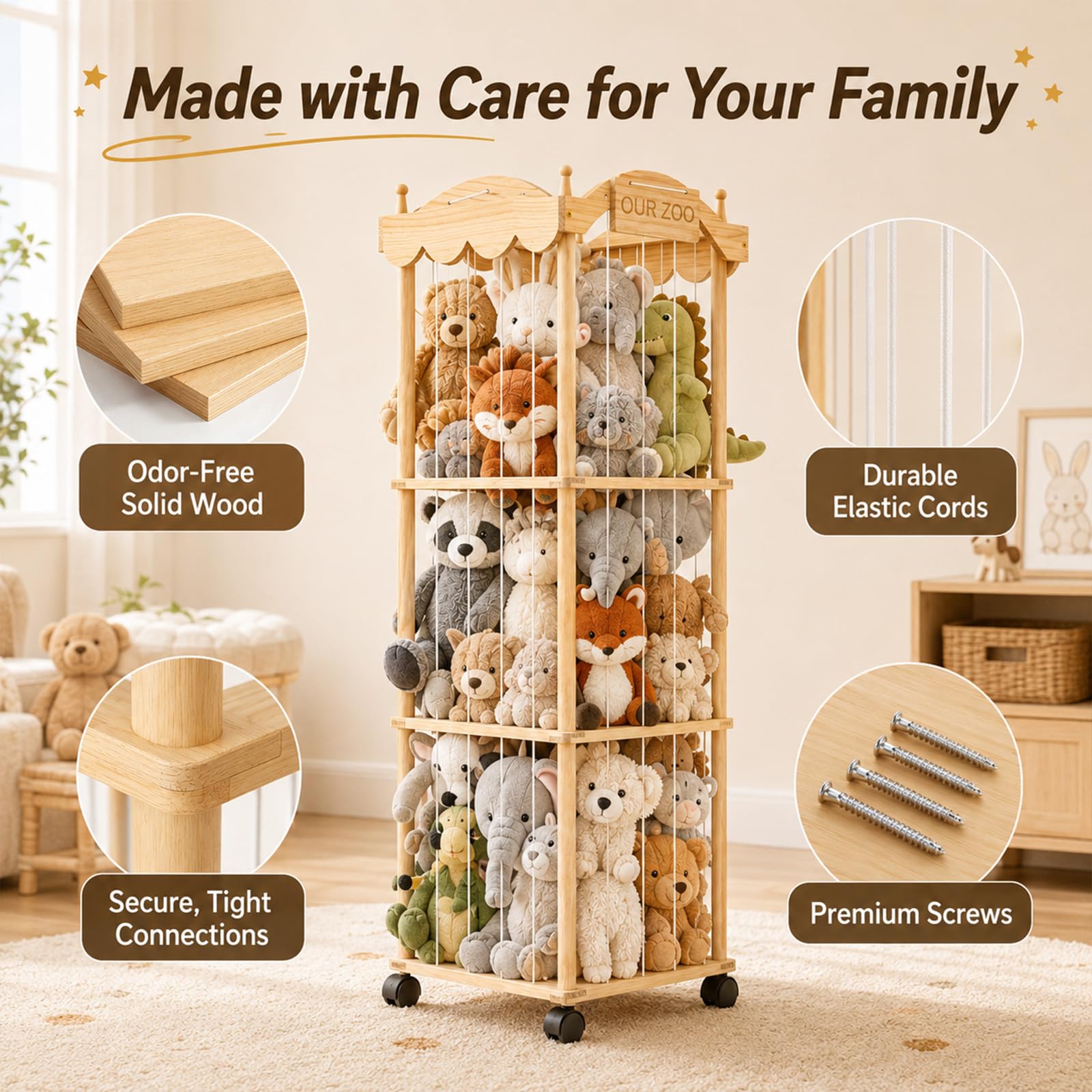 Kuscheltier Aufbewahrung, Kuscheltierregal aus Holz mit mit 360° Bremse Ausgestattete Räde, 140×40×40 cm Plüschtieraufbewahrung mit 3 offenen Ebenen, Stofftierregal für Spielzimmer, Kinderzimmer