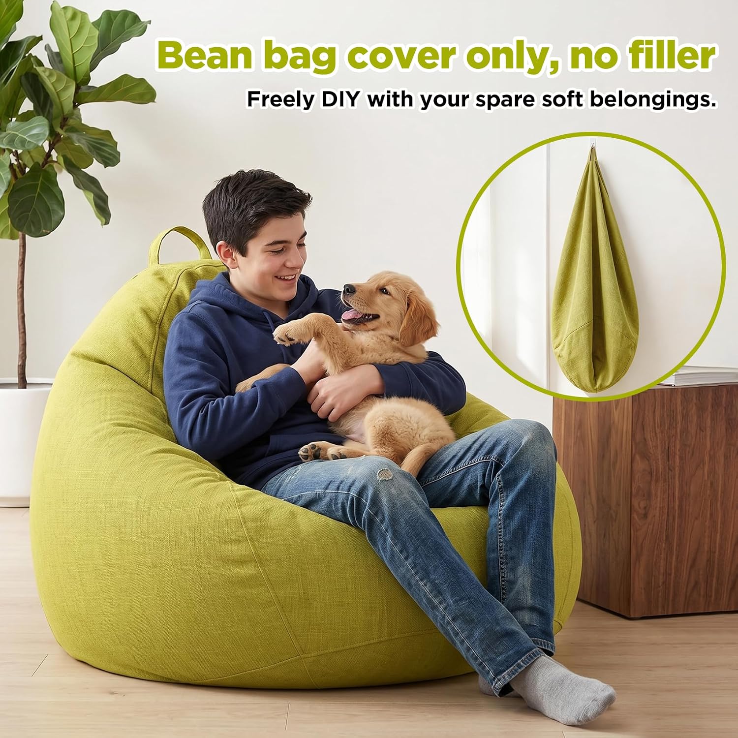 Bean Bag Cover (No Filler) for Organizing Plush Toys or Textile, Stuffed Animal Storage Organizer, Fine Linen Texture Washable Soft Bean Bag Chair Cover for Adults Kids Teens(Green,Large)