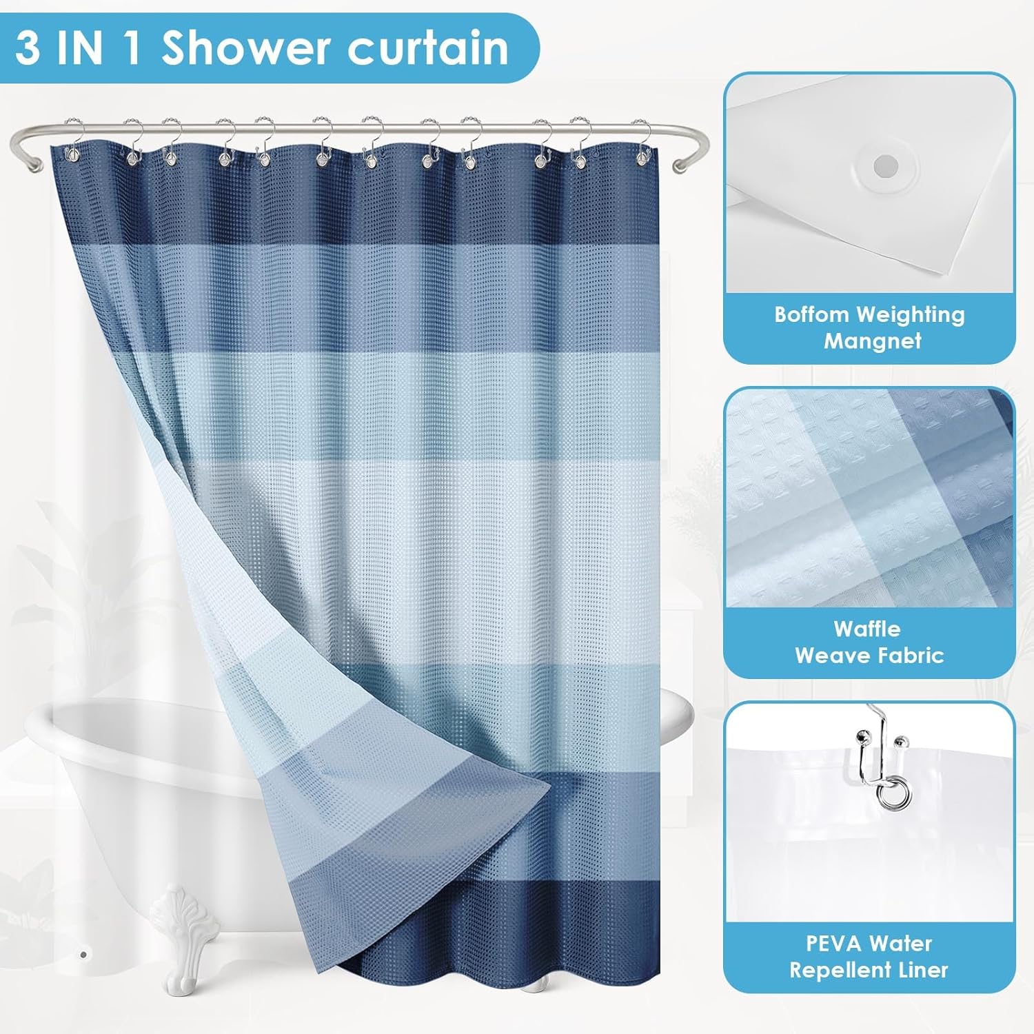 Shower Curtain and Liner, Ombre Blue Striped 3 in 1 Shower Curtain and PEVA Liner Set with 12 Rust-Resistant Metal Hooks, Waterproof Fabric Shower Curtains for Bathroom, 72 W x 72 H