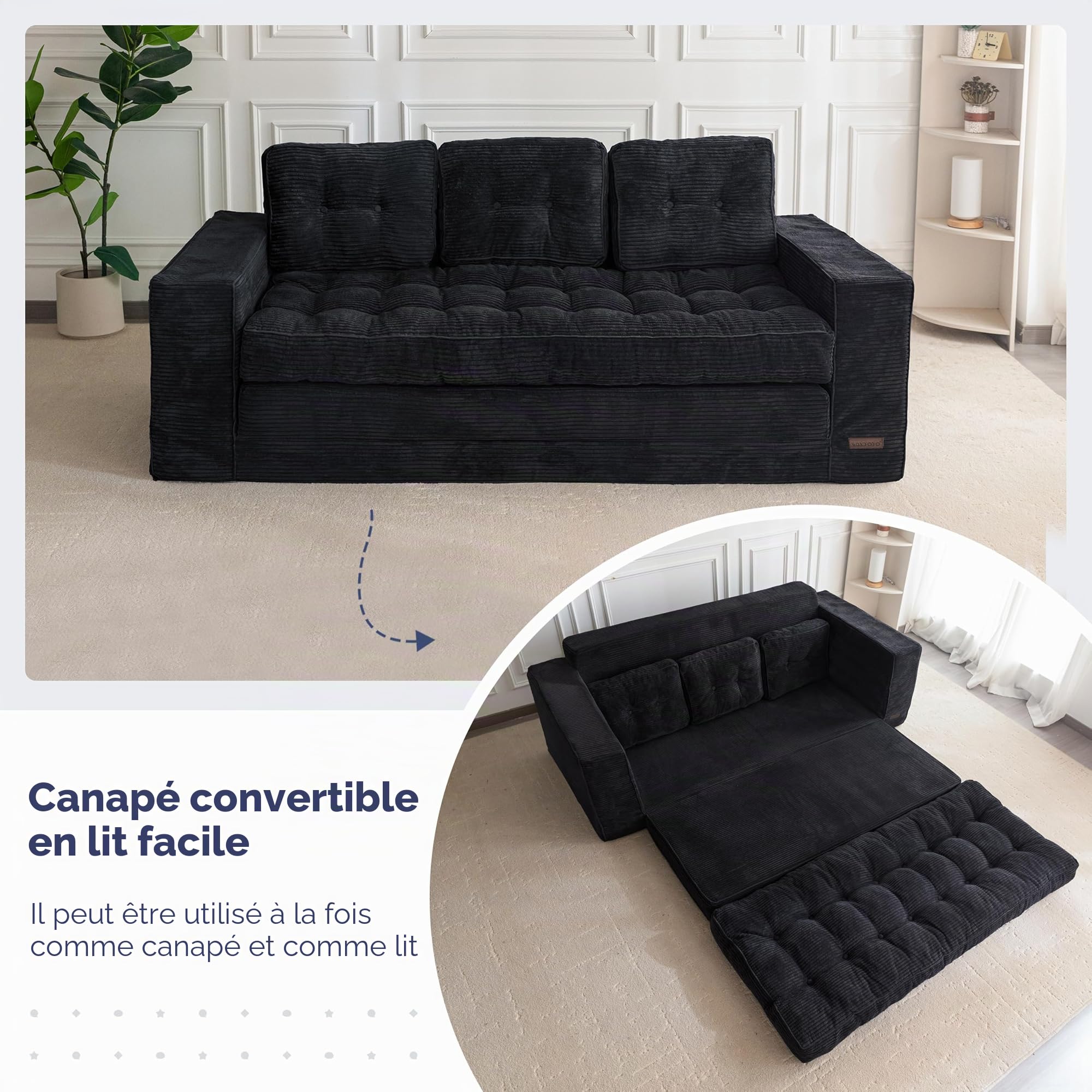 MAXYOYO Canapé-Lit de 190 cm de Large avec Coussin, 2 en 1, Pliable, en Velours, 3 Places, avec Fonction Sommeil, Surface de Couchage 101 x 196 cm, pour Salon, Chambre à Coucher, Salon