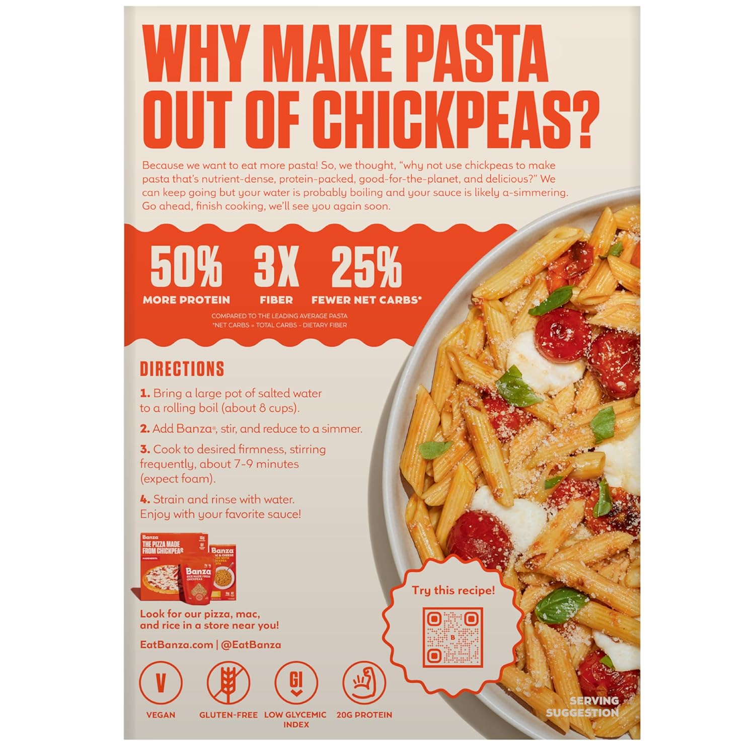 Banza Gluten-Free Chickpea Pasta, Penne 20g Protein | Lower Carb | High Fiber | High Protein | Plant Based Pasta | 8oz (Pack of 6)