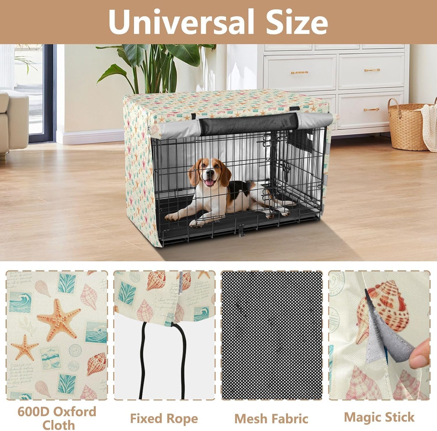 Vintage Marine Seashell Dog Crate Cover Puppy Kennel Cover Rollers Shades 48 Inch