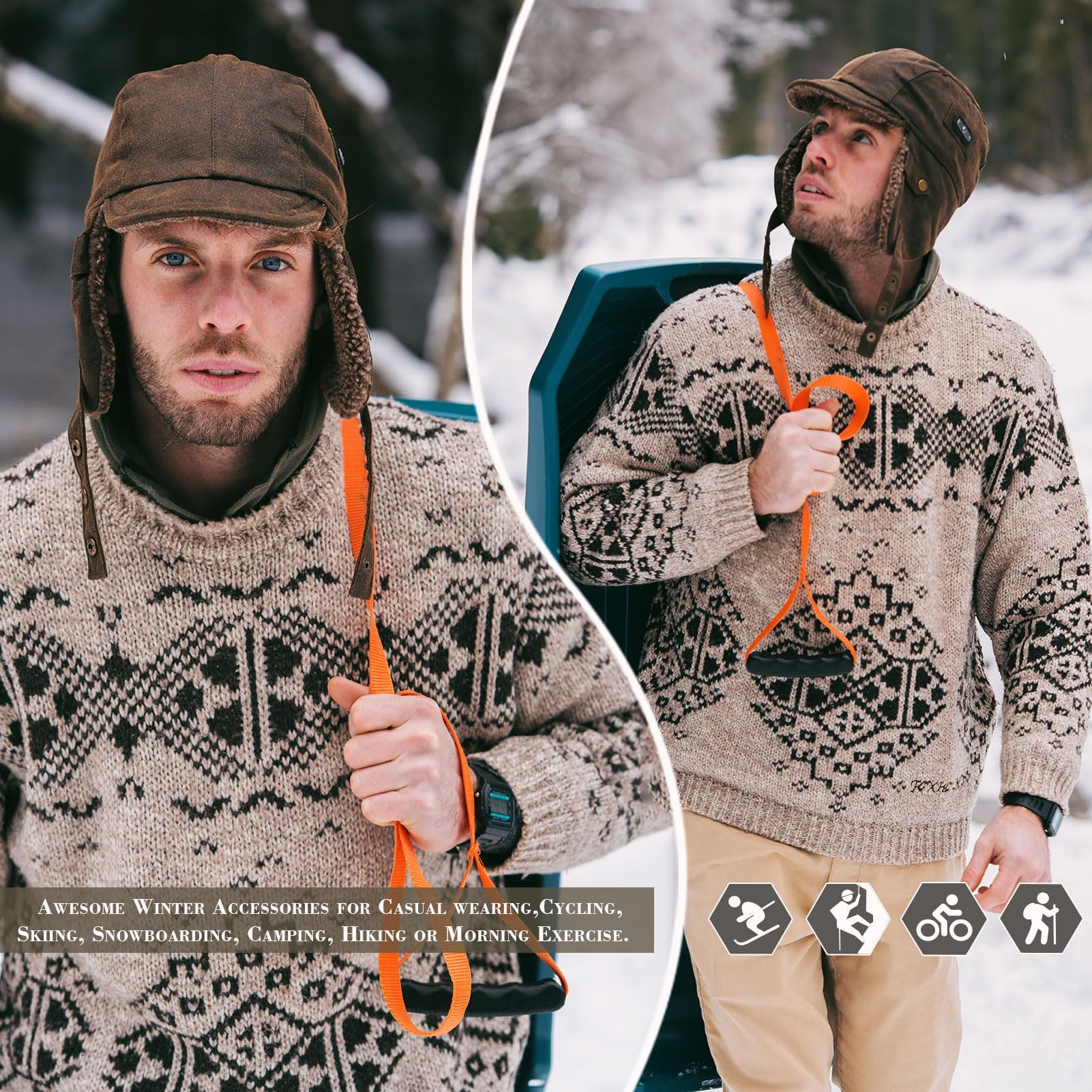 TOP-EX Gorro de invierno impermeable, gorra de piloto de aviador con orejeras resistentes al viento, gorra con forro polar cálido para actividades al aire libre frías y húmedas, 55-66 cm