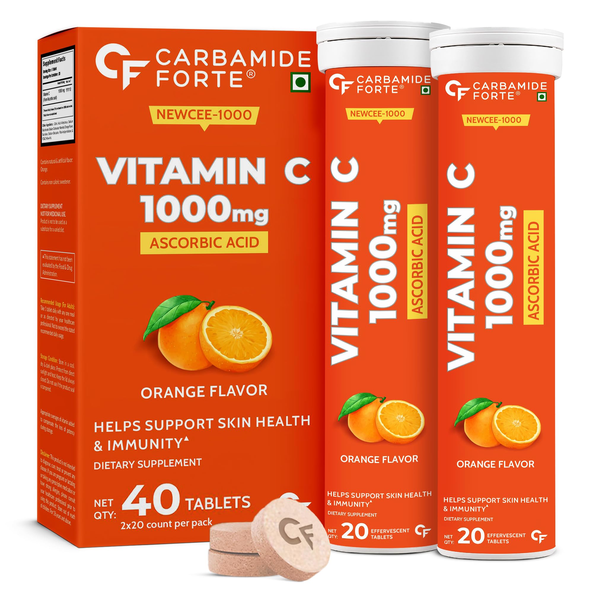 Carbamide Forte Vitamin C Effervescent Tablets 1000mg for Skin Health & Immunity | Vitamin C Tablets | 2 X 20 Effervescent Tablets