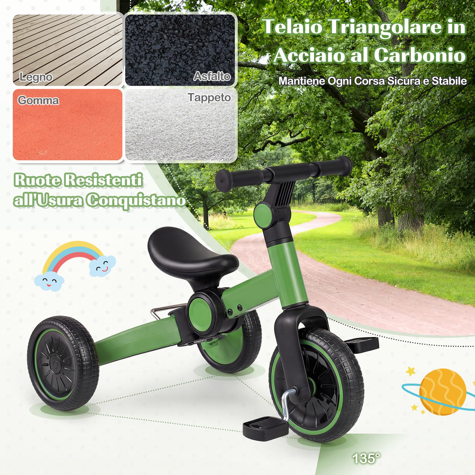 COSTWAY 5 in 1 Bicicletta per Bambini, Bicicletta da Equilibrio con Pedali Rimovibili, Manubrio Regolabile e Ruote, Triciclo Pieghevole per Esterni e Interni, per Bambini 2-4 Anni