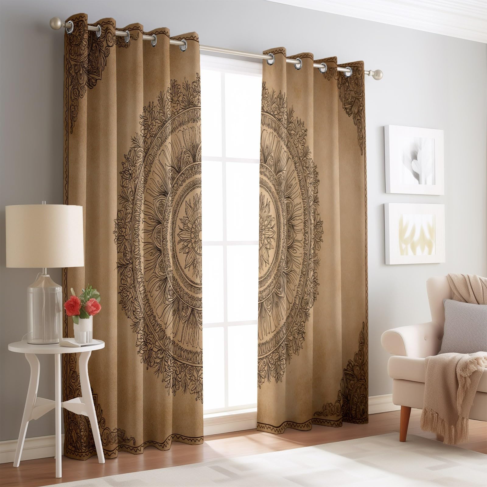Rideau Occultant Rétro Mandala Lignes Motif Rideaux Thermiques à Oeillets, Brun Tenture Opaque Rideaux Imprimé pour Salon Chambre Enfant Moderne Décoration, 140L X 200H cm (2 Panneaux)