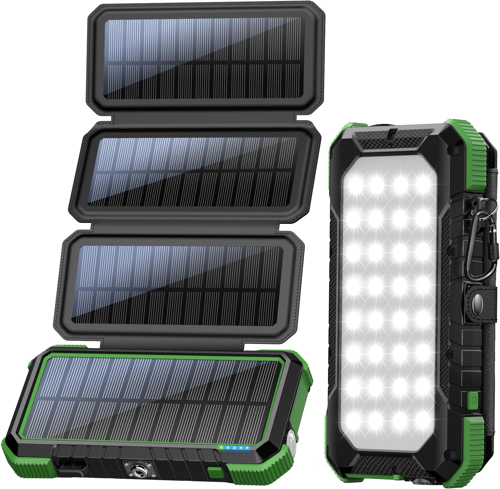 WASTDE Solar Power Bank 26800mAh, PD 18W Power Bank USB C Fast Charging, Solar Charger with 4 Foldable Panels Built-in Camping Light SOS Flashlight Compass Carabiner for Outdoors (Green)