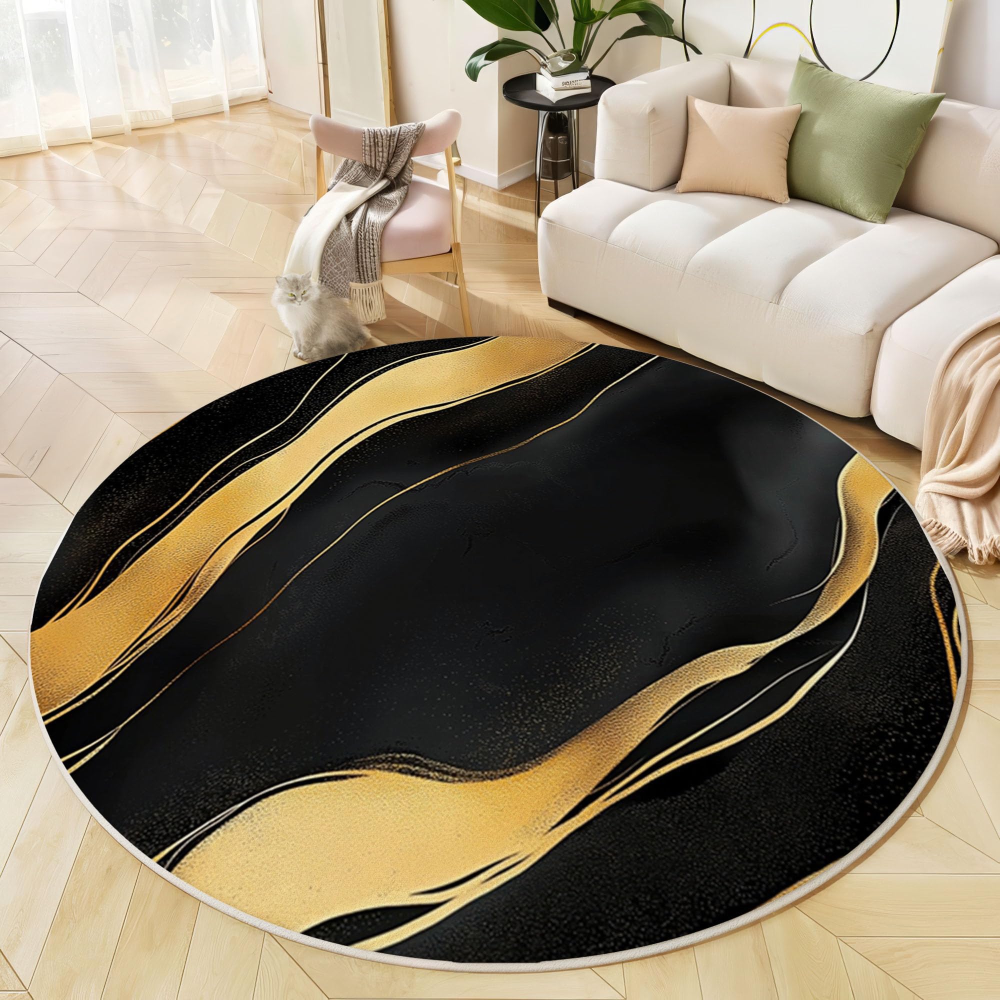 Tapis de zone ronde 80cm lavable avec motif abstrait marbre noir et or pour chambre et salon