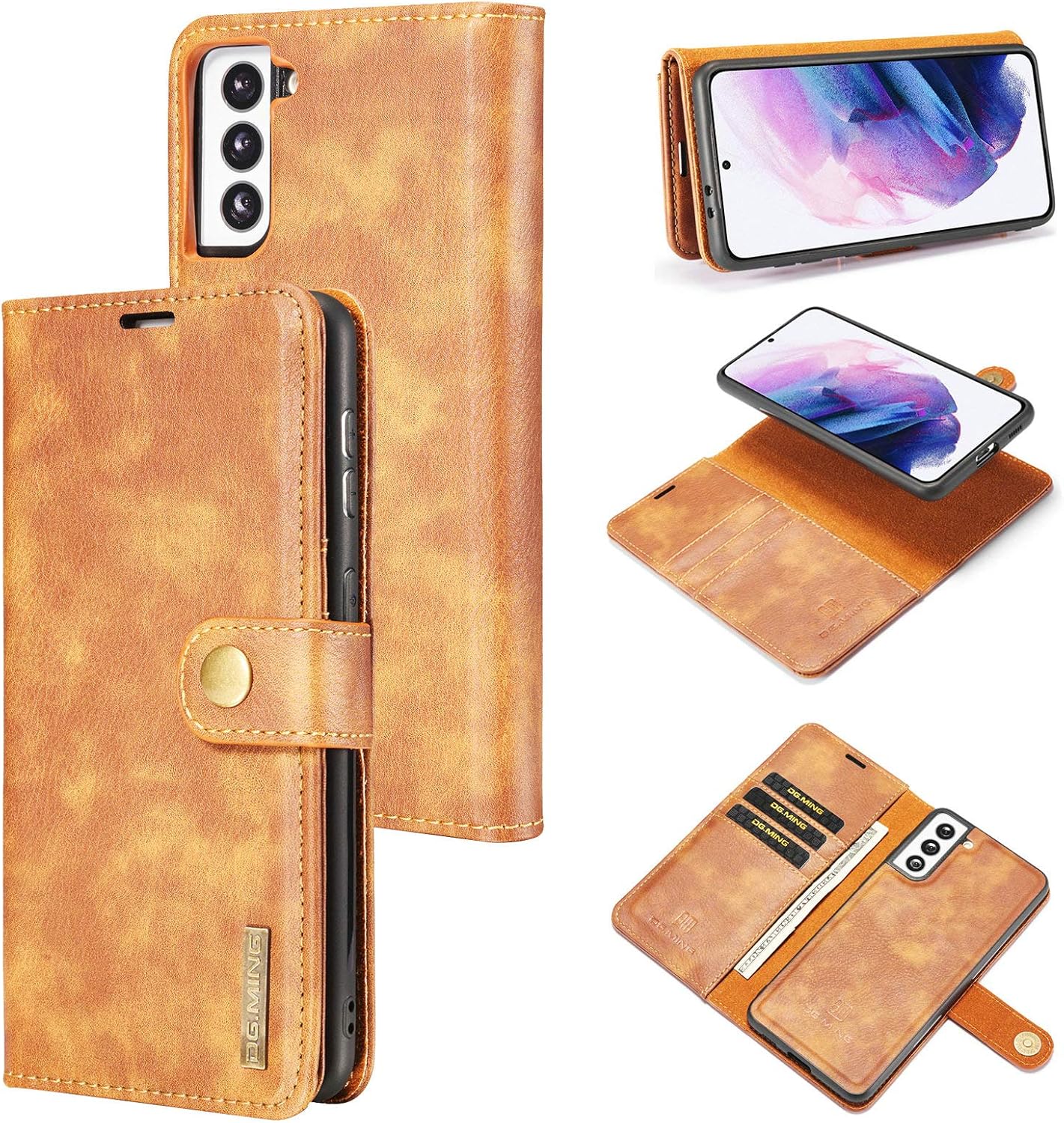 Detachable 2 in 1 Split Magnetic Flip Folio Wallet Case Compatible with Samsung Galaxy S21 FE Genuine Leather Phone Case with Card Holder Slots Kickstand Shockproof Cover(Brown)