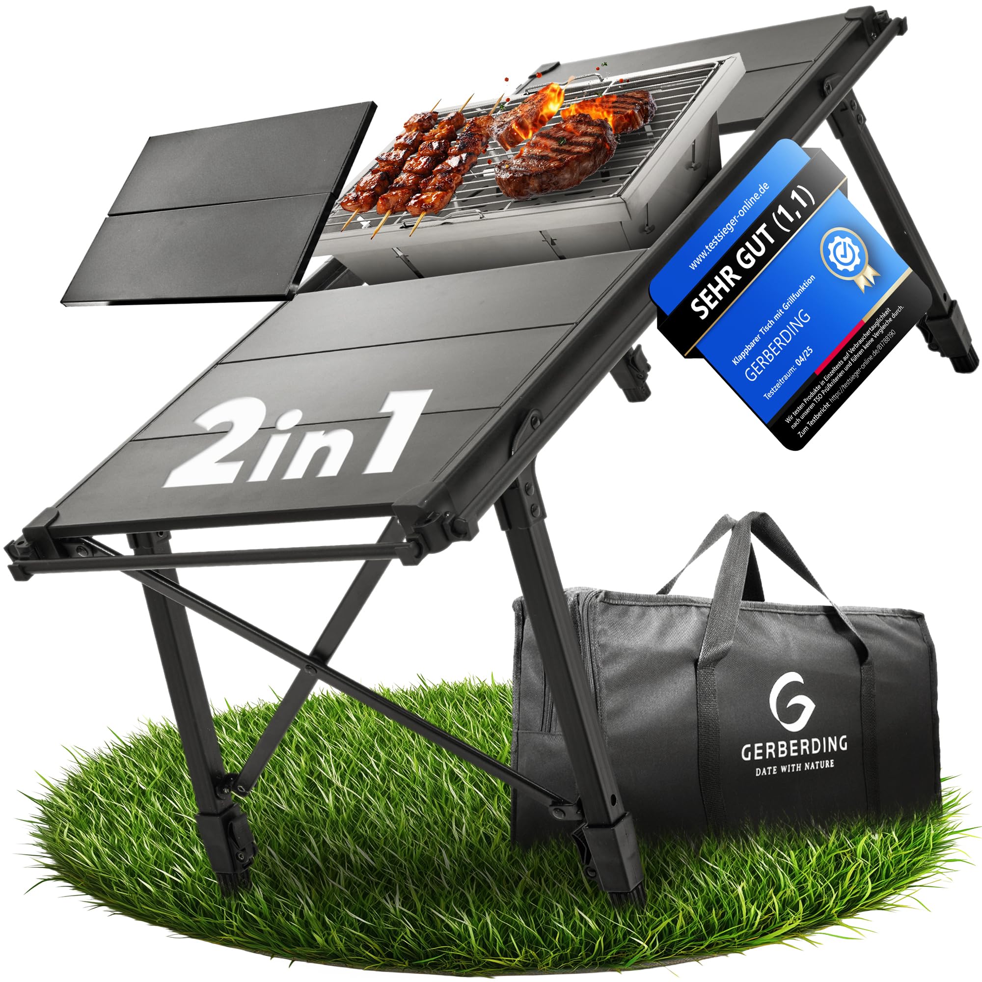 2in1 Holzkohlegrill & Campingtisch | Klappgrill mit Tischfunktion für 2-3 Personen | Kompakter Grill mit Klapptisch | faltbar & tragbar | Mini Grill ideal für kurze Trips