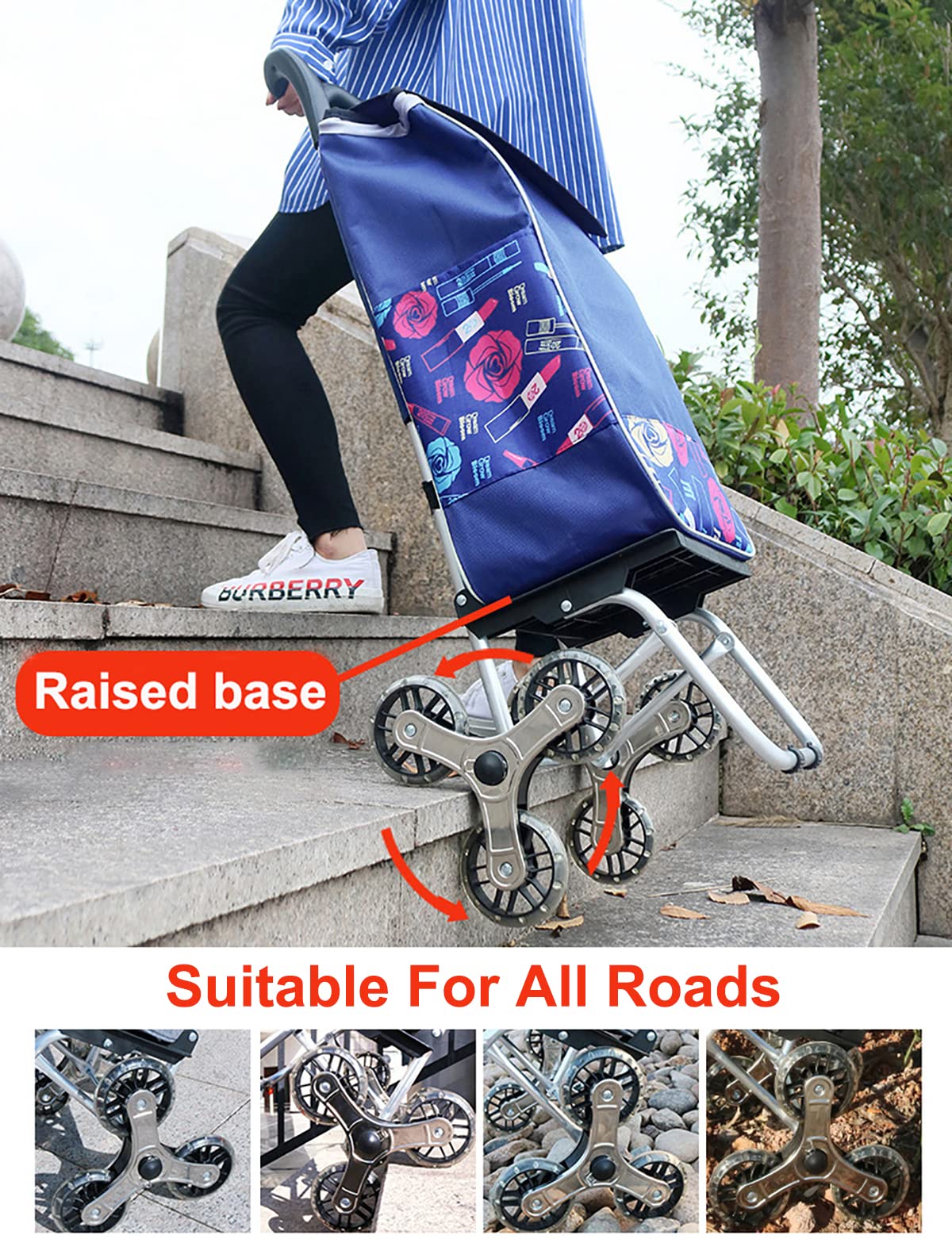 Zusammenklappbarer Einkaufstrolley auf 6 Rädern, Leichter 2-in-1-Einkaufswagen aus Aluminium mit Abnehmbarer Tasche, Treppensteig-Einkaufswagen (Blau 2)