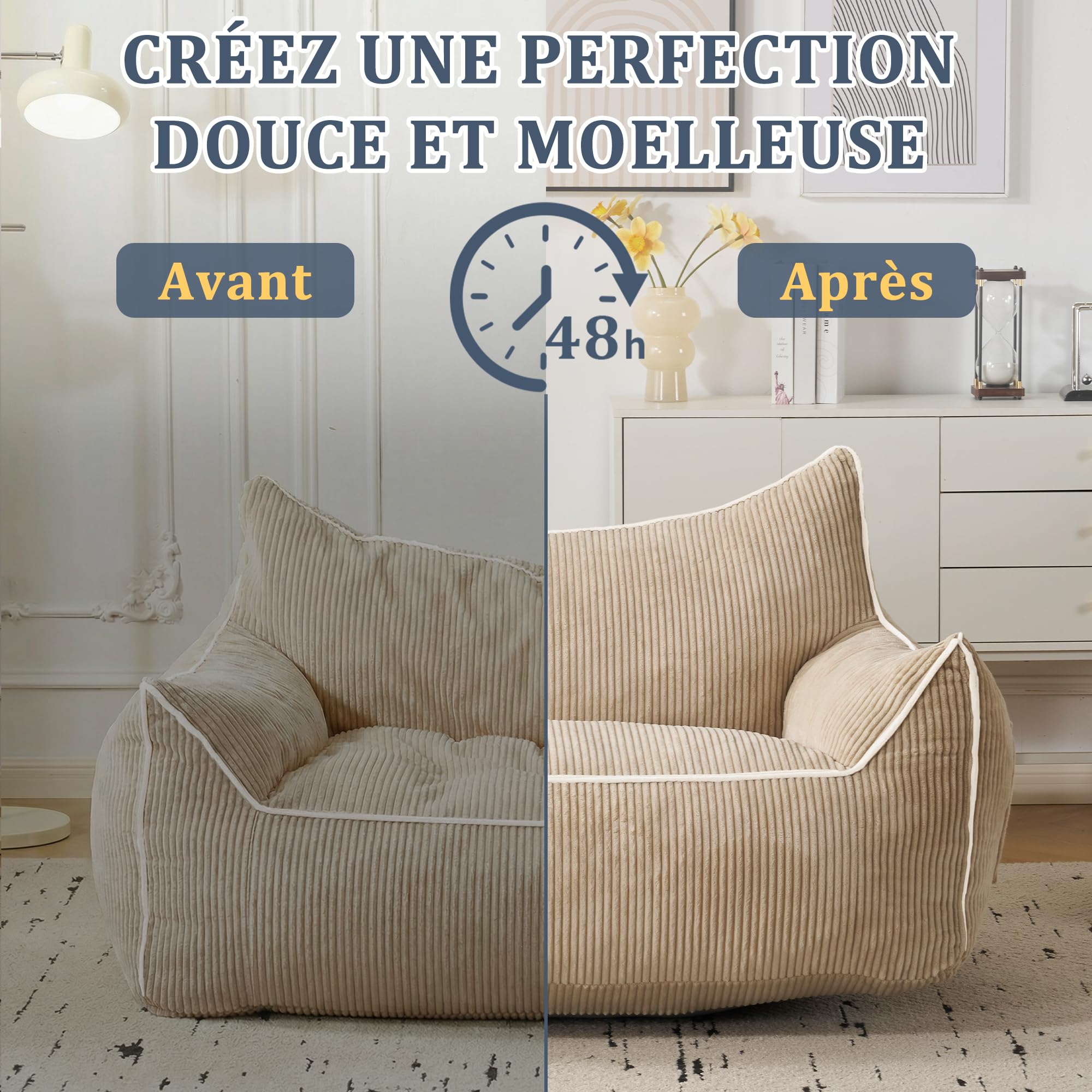Pouf en Velours côtelé avec Dossier, Pouf pour Adulte avec Rembourrage, Grand Pouf en Fourrure synthétique, Fauteuil Confortable avec Mousse Haute densité, Chambre, Salon, Beige