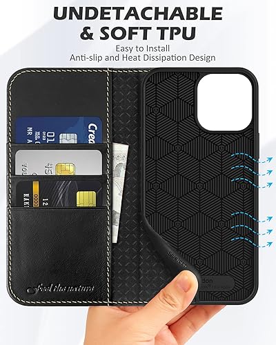 Miniatura 8 de SHIELDON Funda para iPhone 13 Pro Max de 6.7 pulgadas 2021, funda de piel auténtica tipo cartera con función atril con bloqueo RFID, ranuras para