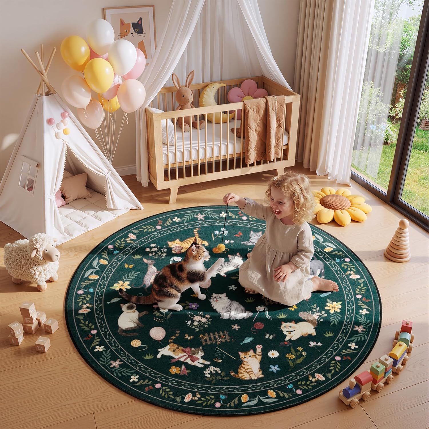 Unirea 4FT Black Cat Round Rug, Washable Non Slip Circle Area Rug for Entryway, Kitchen, Bedroom, Bathroom, Nursery, Living Room, Thin Soft Circular Rugs Indoor Décor, Low Pile Carpet