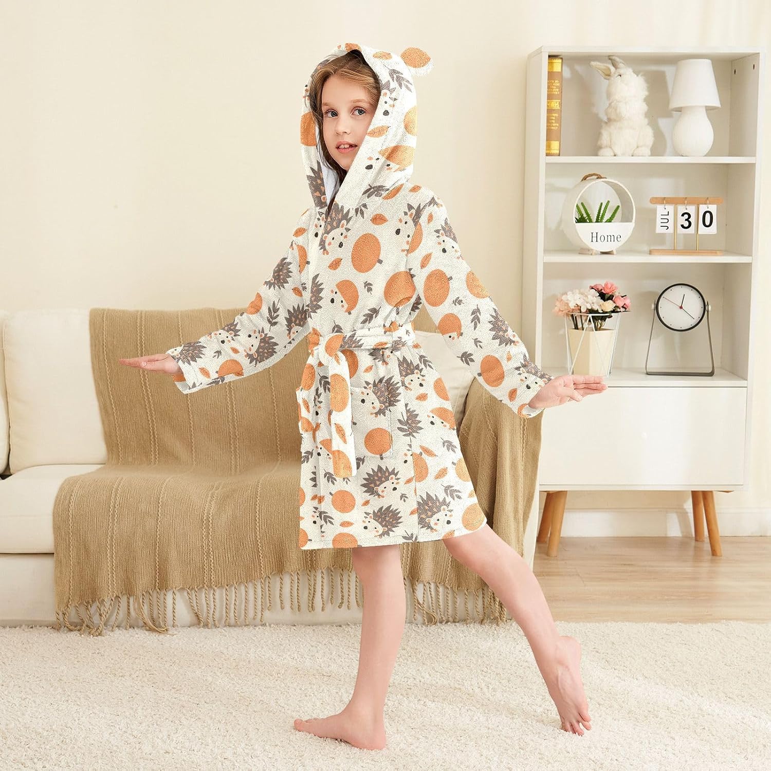 senya Hedgehog and Tangerine Toddler Hooded Bathrobe Kids Soft Plush Bath Towel Robes for Boys Girls 2-12 Years
