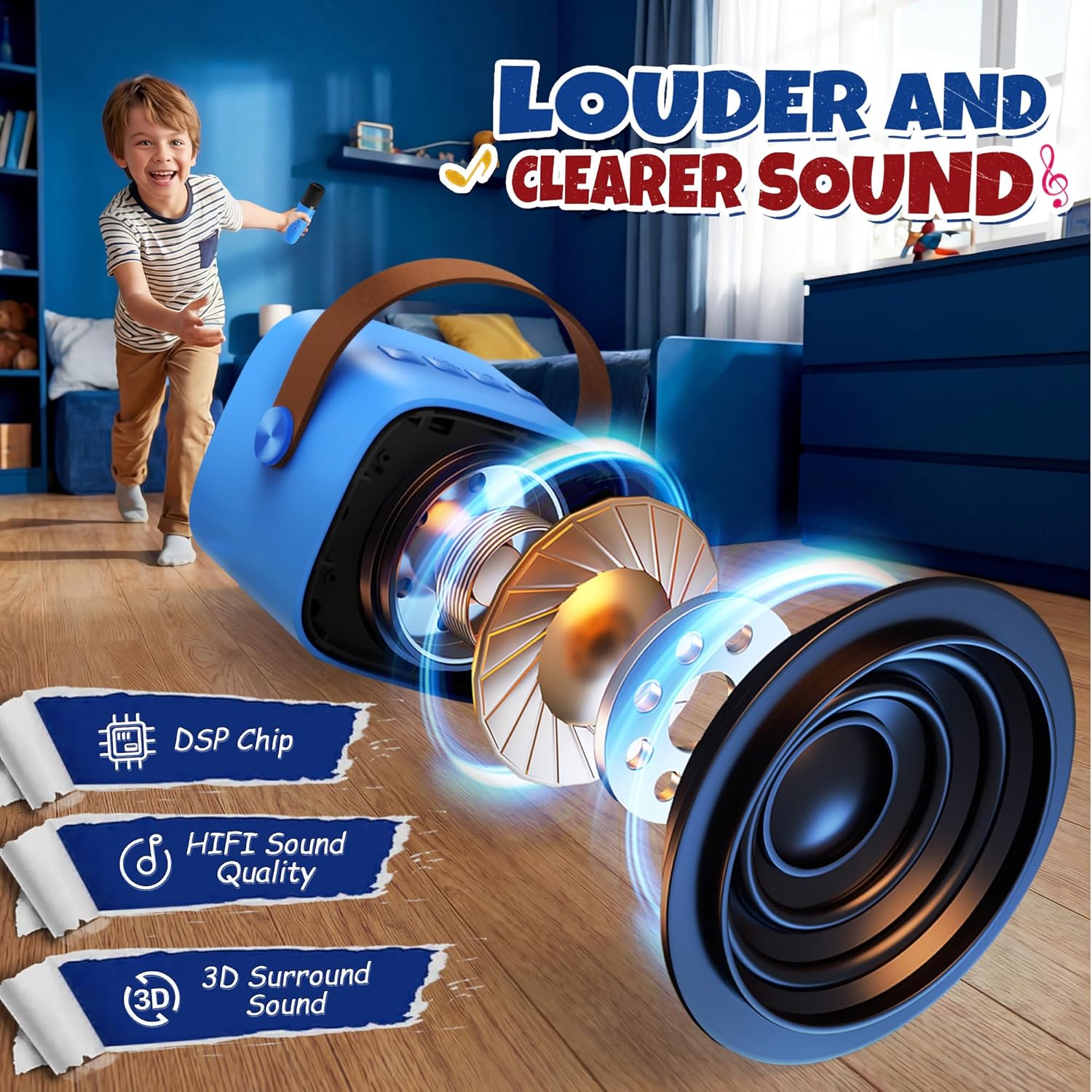 Mini Karaoke Machine for Kids Adults, Portable Bluetooth Speaker with 2 Wireless Microphones, Birthday Gifts Toys for Girls Boys Ages 3, 4, 5, 6, 7, 8, 9,10,11,12+ Years Old Toddler (Royal-Blue) - Image 3