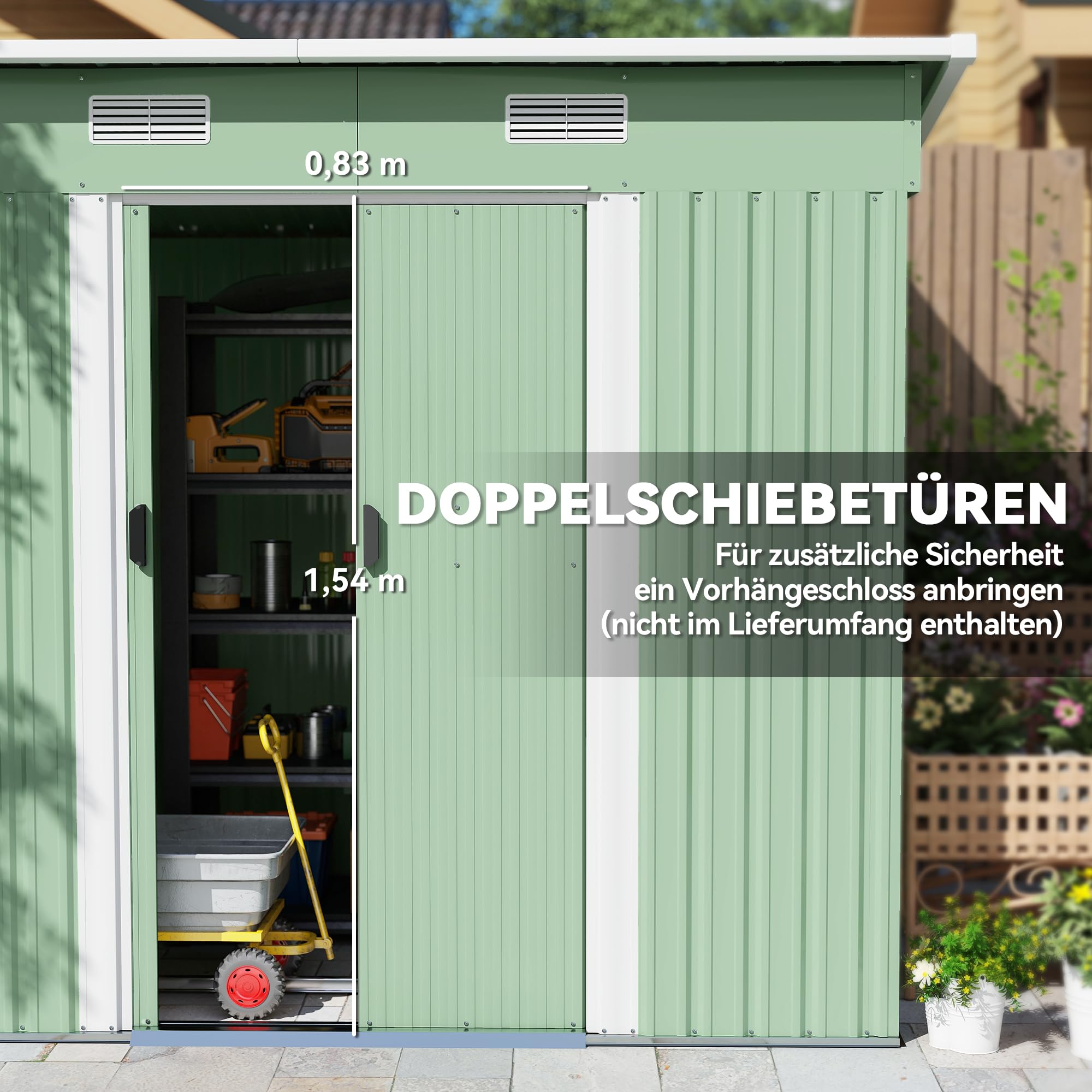 Outsunny Gerätehaus 2,3 m² 207 x 130 x 182 cm Metall Garten Schuppen mit Fenster Pultdach Schiebetüren Fundament wetterfest Geräteschuppen Outdoor Gartenhaus für Hinterhof Grün | Metall Garten Schuppen, Schiebetüren, Fundament, Wetterfest, Geräteschuppen,