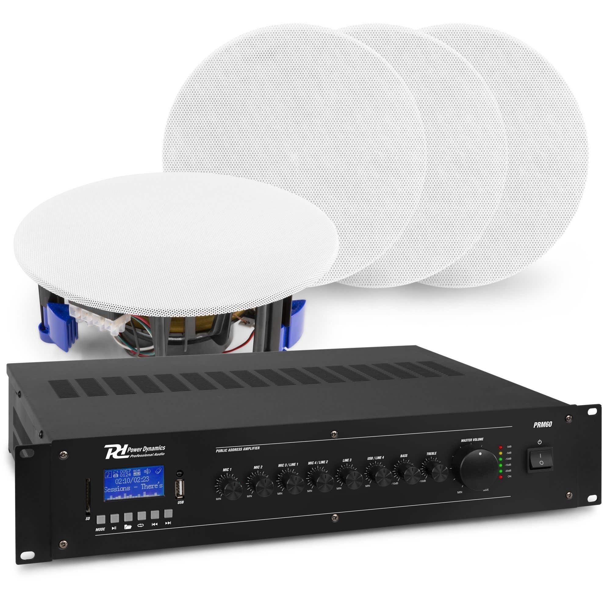 Power Dynamics PRM60 + NCSP5 - Sistema de Sonido 100V con Bluetooth, 4 Altavoces de Techo 5,25", Amplificador 60W, entradas de micrófono y MP3, con Cable de Altavoz de 50m