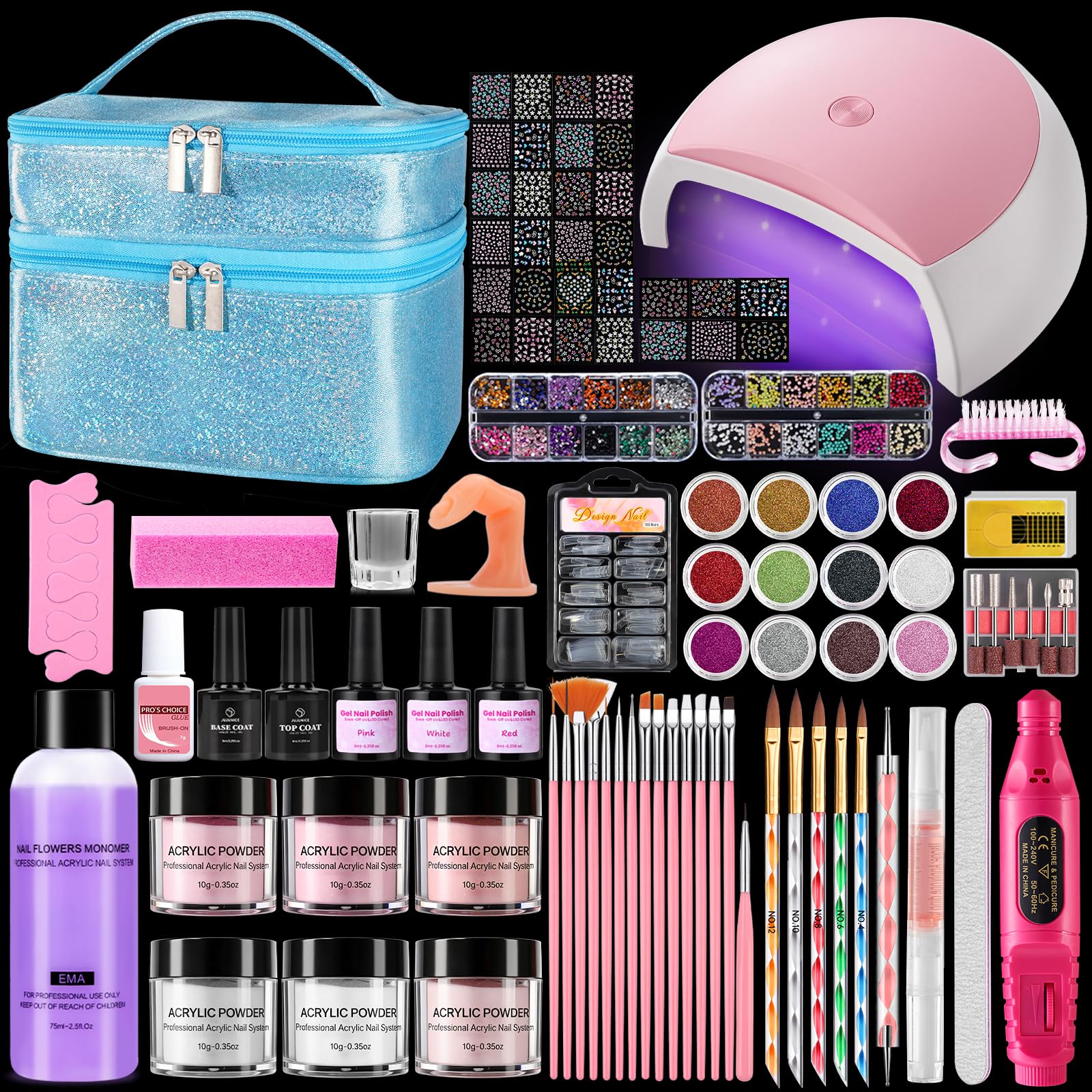 Deciniee Kit per unghie acriliche: set completo di polvere acrilica per unghie con lampada UV/trapano elettrico per unghie/punte per unghie finte/manicure gel per unghie set completo per principianti
