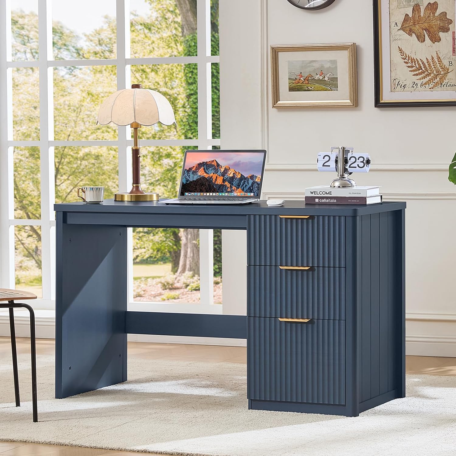 LEYAOYAO Office Desk 48" with 3 Drawers Storage File Cabinet Wood Fluted Desk for Computer Office Bedroom Home Furniture Blue