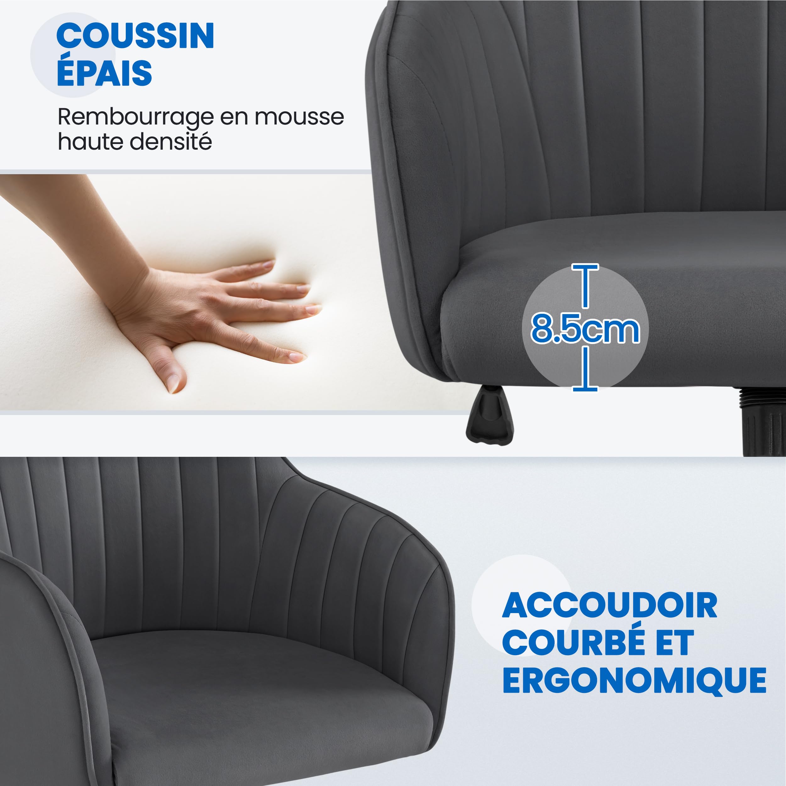 Yaheetech Chaise de Bureau Fauteuil Inclinable Rotative 360° Velours Hauteur Réglable Gris