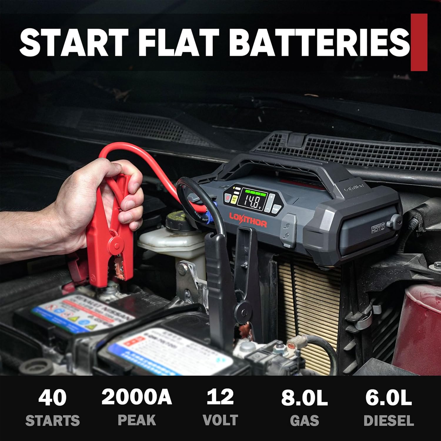 LOKITHOR JA301 Jump Starter with Air Compressor, 2000Amp 12V Portable Car Battery Booster Pack for Upto 8.0L Gas or 6.0L Diesel, 150 PSI Tire Inflator with Digital Screen, 30 Months Ultra-Long Standby