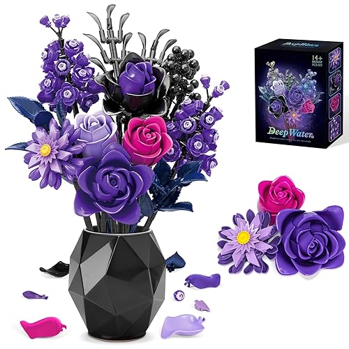 BeepZipp Artificial Flower Bouquet, Black Purple Building Blocks Roses, Lego Compatible Botanical Set for Home Decor, Valentine's Day, Birthday Gift for Adults - Purple