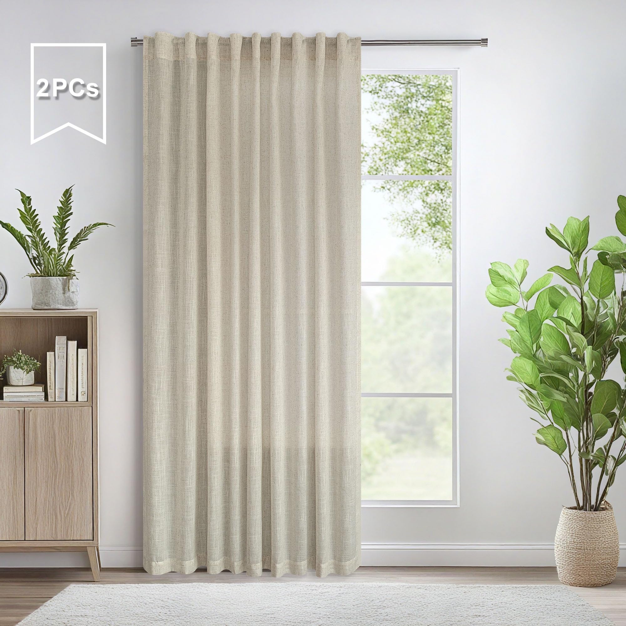 Pitalk Rustic Farmhouse Curtains 60 Inch Wide for Living Room Extra Large Beige Linen Drapes Semi Sheer Room Divider Curtain for Patio Sliding Glass