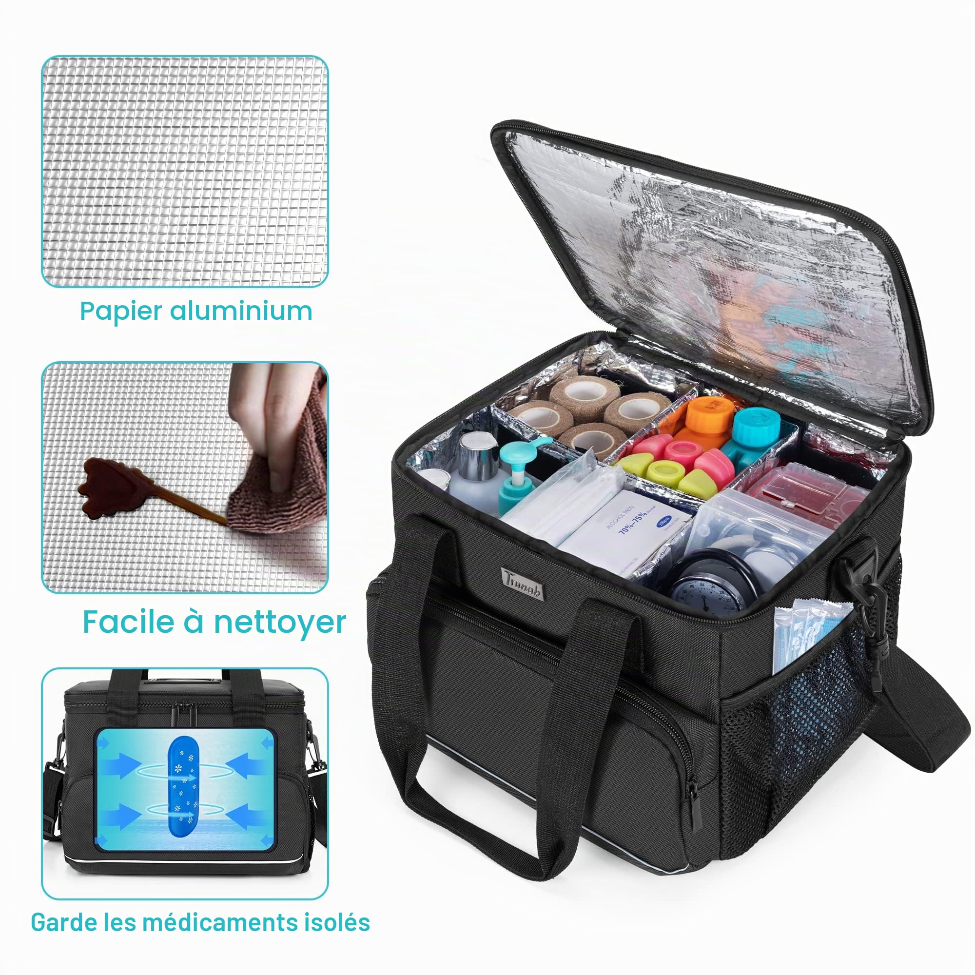 Trunab Sac Médical Isolé avec 5 Séparateurs Réglables, Sac à Insuline Résistant à l'eau pour la Maison, Les Voyages, Le Camping, Sac Vide - Design Breveté,Noir