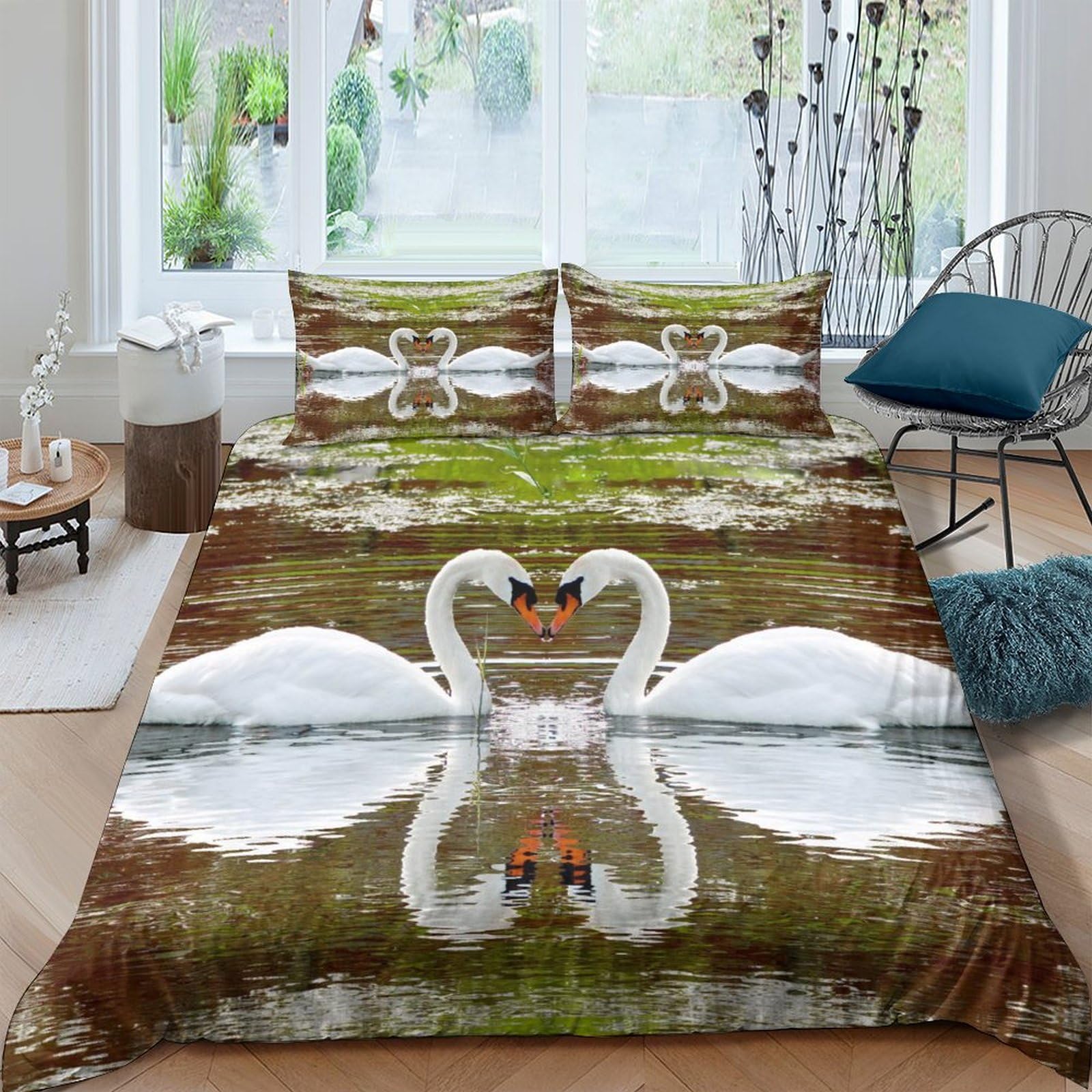 Housses de couettes cygne blanc imprimé 3D parure de lit 3 pièces