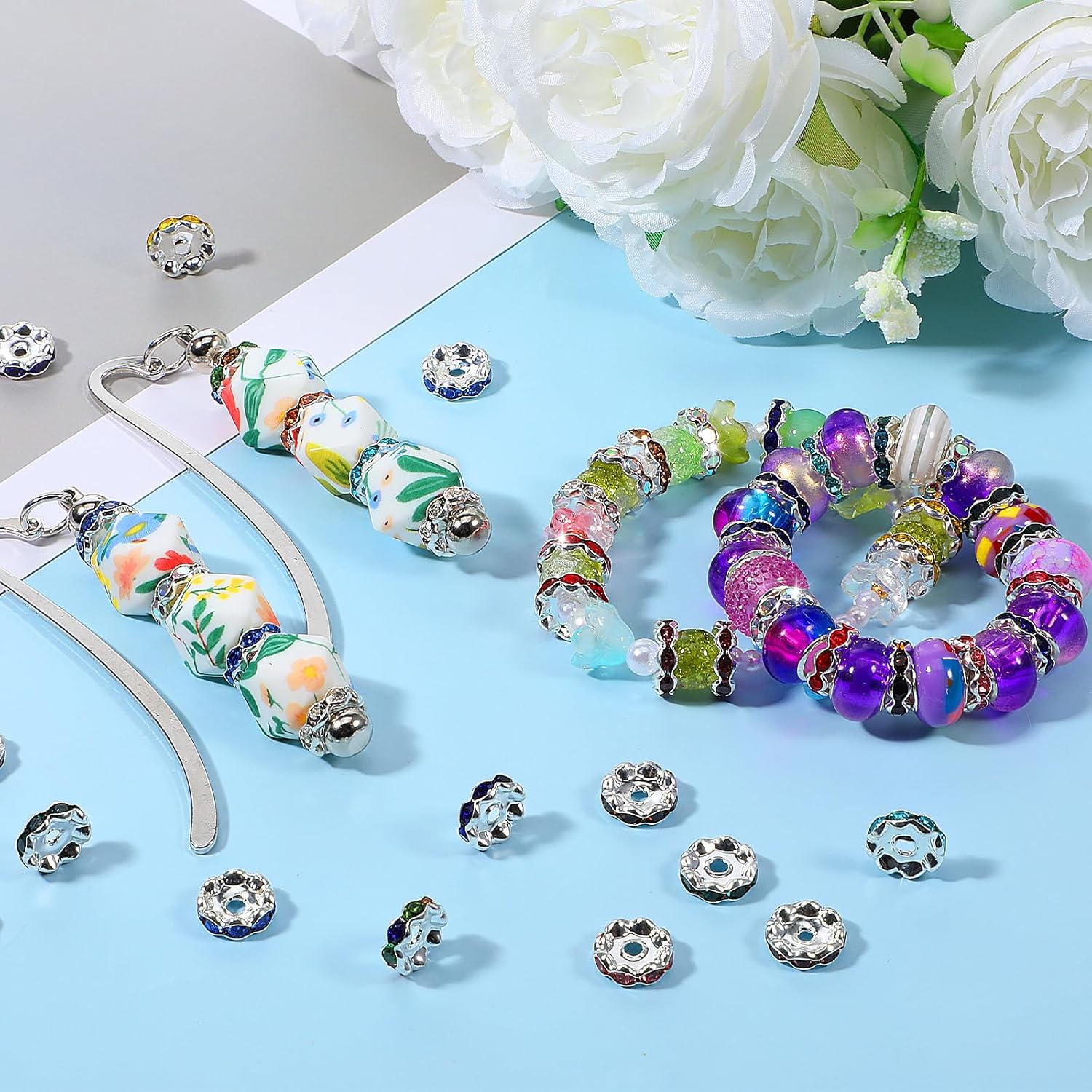 120 Pack 12 mm Large Hole Focal Beads Rhinestone Wave Spacer Multicolor Rondelle Spacers Beads Fancy Glitter Wave Diamond Crystal Bead Bulk Beadable Spacer Bead for Jewelry Making Pens - Image 7