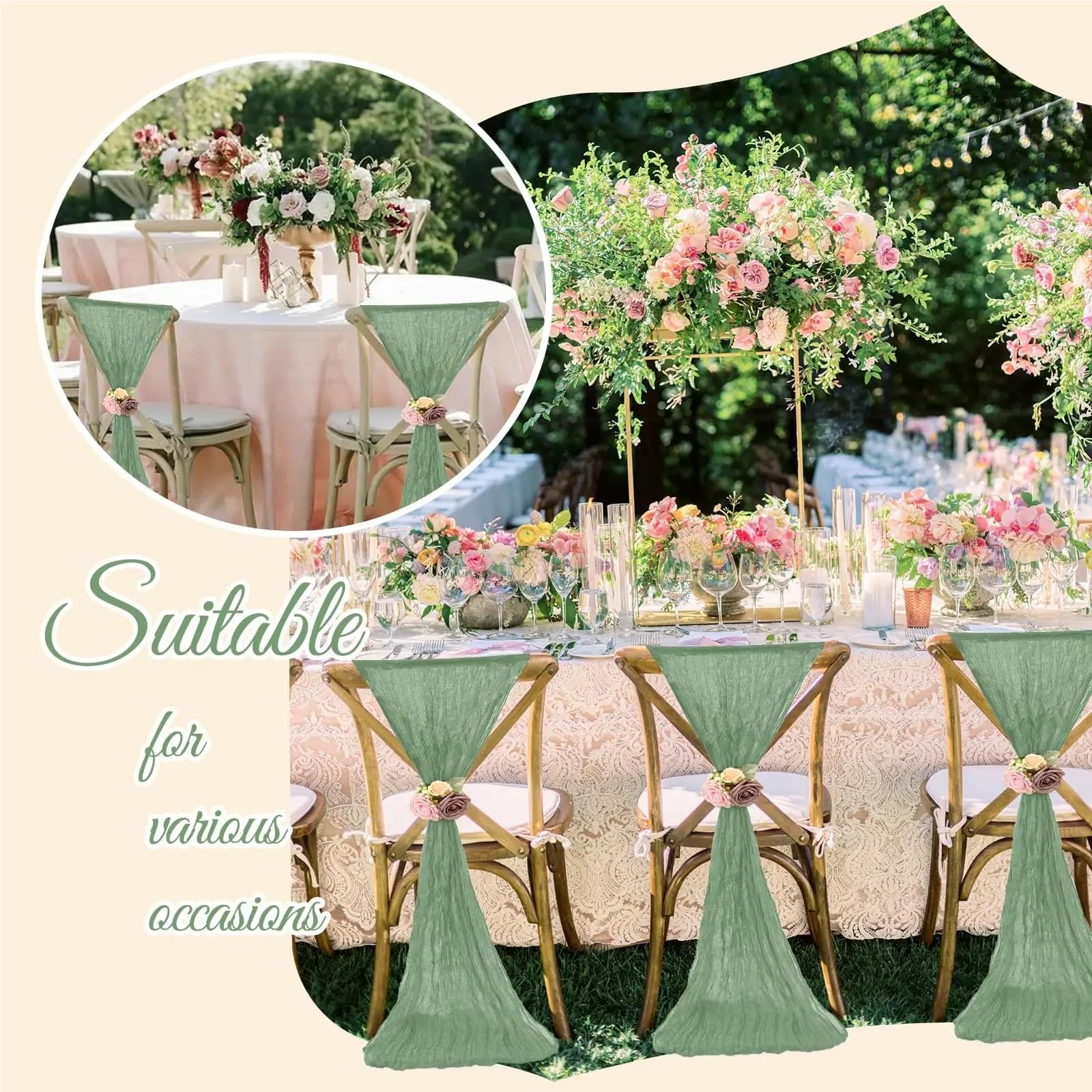 Stuhl SchäRpe 6- oder 12-teiliges Set grüner Stuhlschleifen aus Käsetuch im rustikalen Design for Hochzeitsstühle, Partys, Bankette und Heimdekorationen (20 x 275 cm)(6pcs-Green)