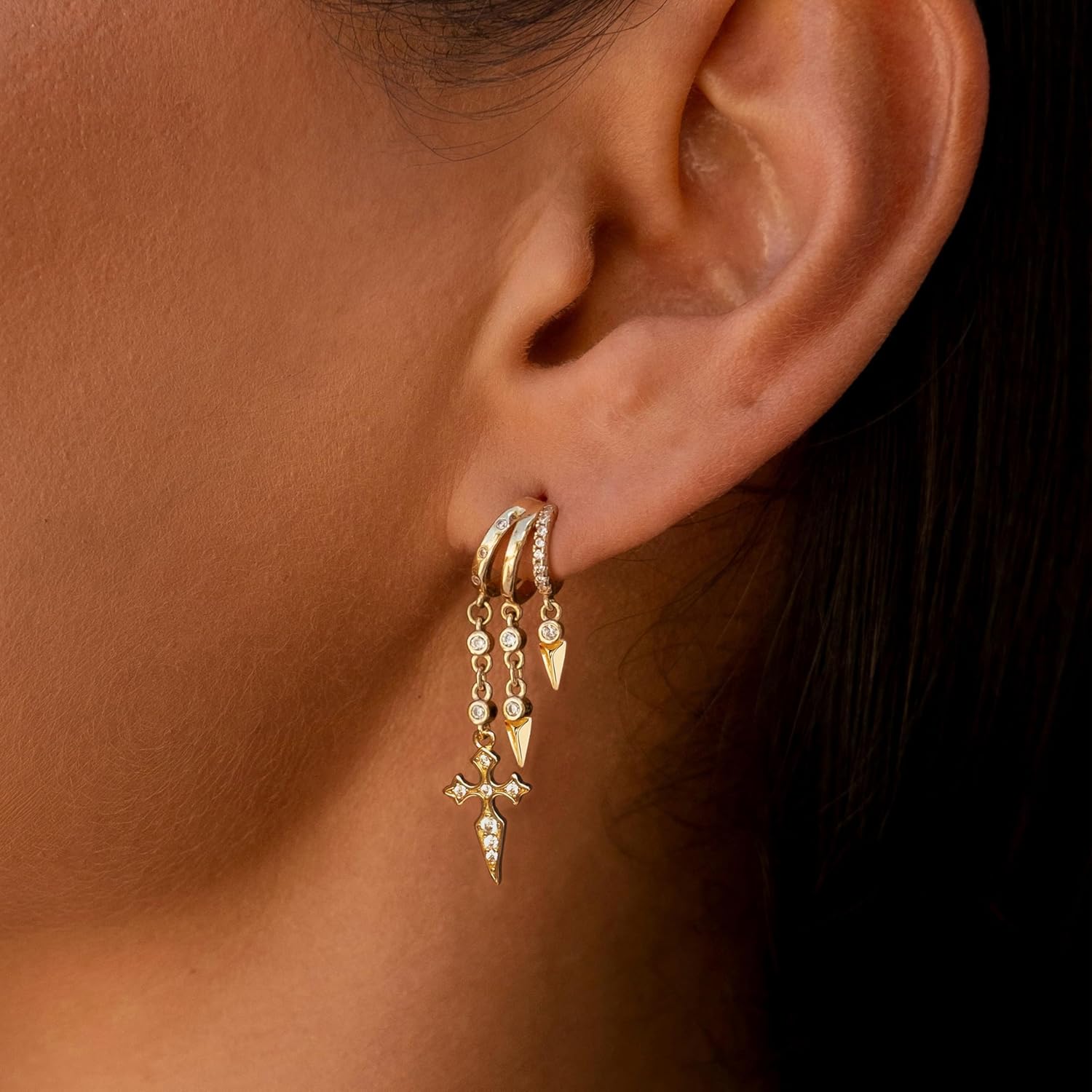 Dangle Earrings For Women,Dainty 14K Gold Plated Hypoallergenic Small Triple Huggie Hoop Earring Gothic Cute Cross Moon Star Drop Earrings For Women Trendy Gold Statement Stud Earring Jewelry - Image 2