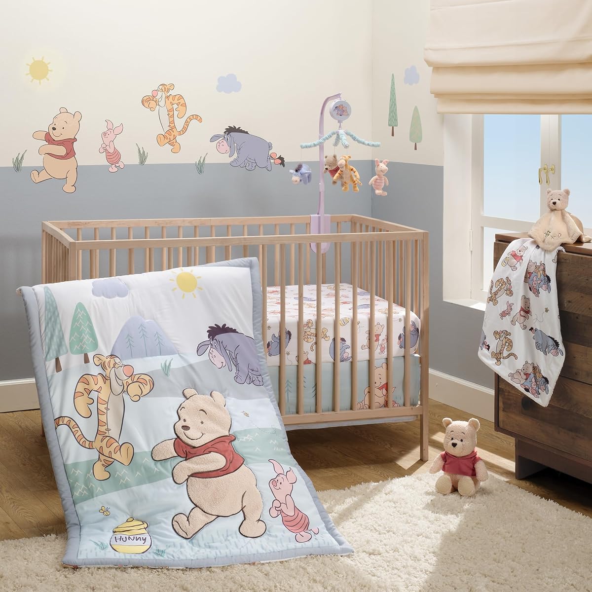 Bedtime Originals Disney Baby Winnie the Pooh & Friends Crib Bedding Set | 3-Piece Set Includes Quilt, Fitted Crib Sheet & Crib Skirt. Soft, Textured Boucle Appliqued Pooh