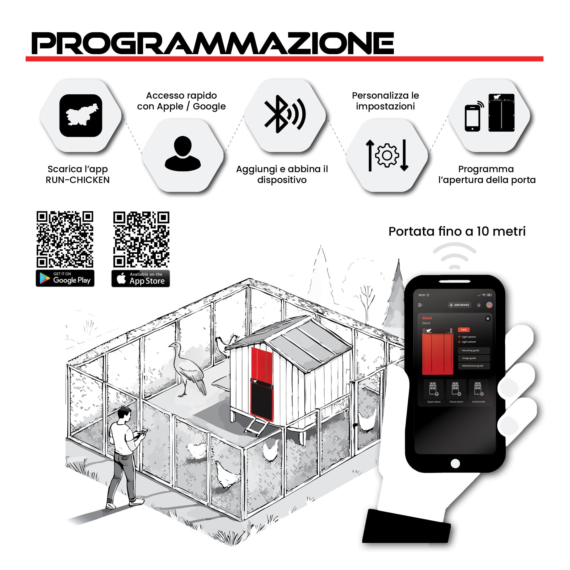 Porta automatica Run-Chicken GIANT rossa per grandi volatili. Apertura 36 x 50 cm, alluminio resistente alle intemperie. Timer o GPS e sistema di sicurezza anti-schiacciamento.