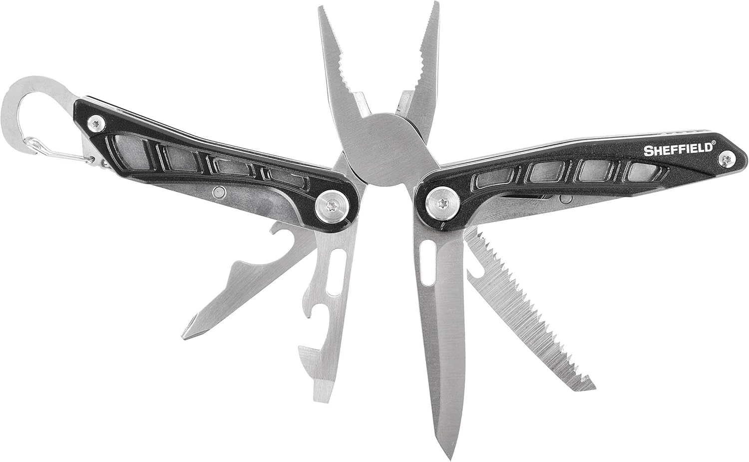 Sheffield 12176 Warren 10-in-1 Multi-Tool, aluminum handle, Stainless Steel attachments, drop point blade, wire cutters, 2 pliers, 2 screwdrivers