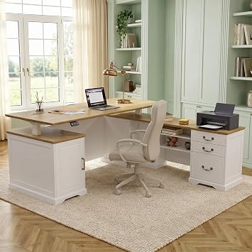 71" L-Shaped Executive Standing Desk, Height Adjustable Executive Desk with Drawers, Home Office Desk with AC/USB & Storage Cabinet, Wood Corner Computer Desk, Sit Stand Desk with Privacy Panel, White