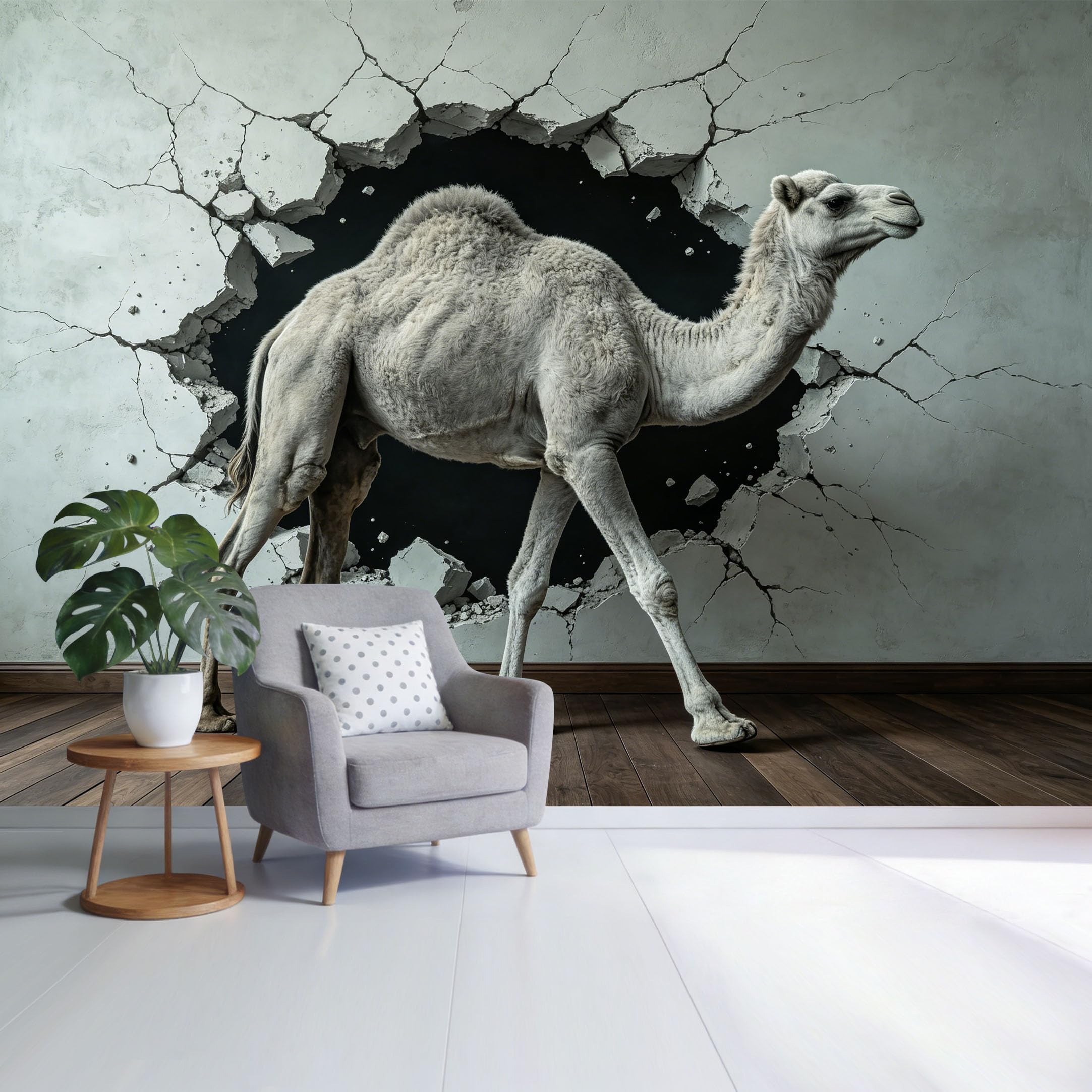 Custom Size Wall Mural White Camel Breaking Through Concrete Wall 3D Trompe L'Oeil Removable Self Adhesive Fabric，Home Wall Decor for Living Room Bedroom Bathroom