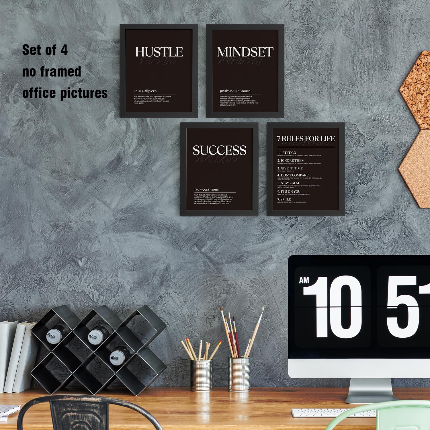 Juego de 4 cuadros motivacionales negros sin marco para decoración de pared, impresiones motivacionales negras para decoración de pared, póster de Tredny para decoración de oficina, hogar, habitación