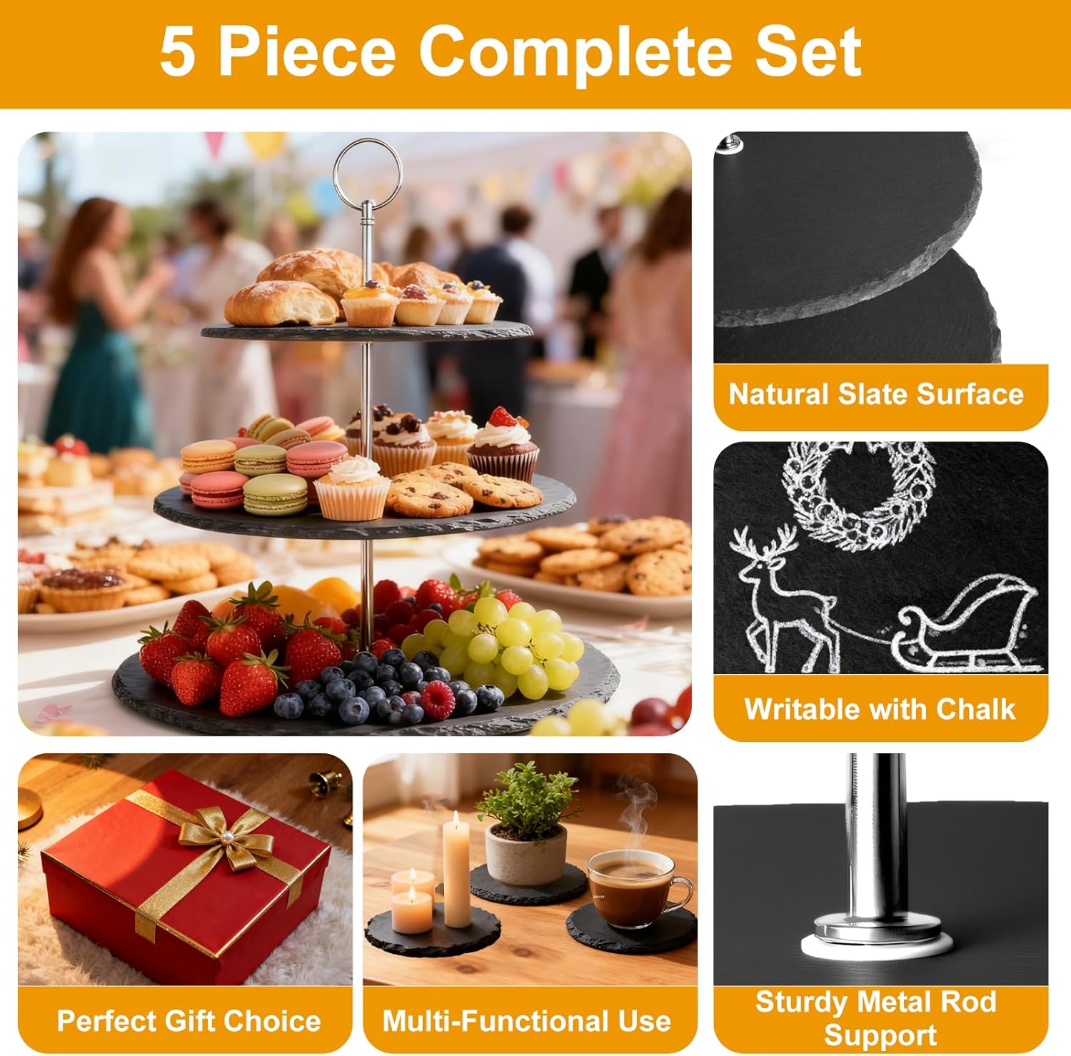 Cupcake Stand Set,3 Tier Dessert Table Display Set with Metal Rod & Slate Coasters Set of 4 for Theme Party, Wedding, Tea Party, Birthday, Black