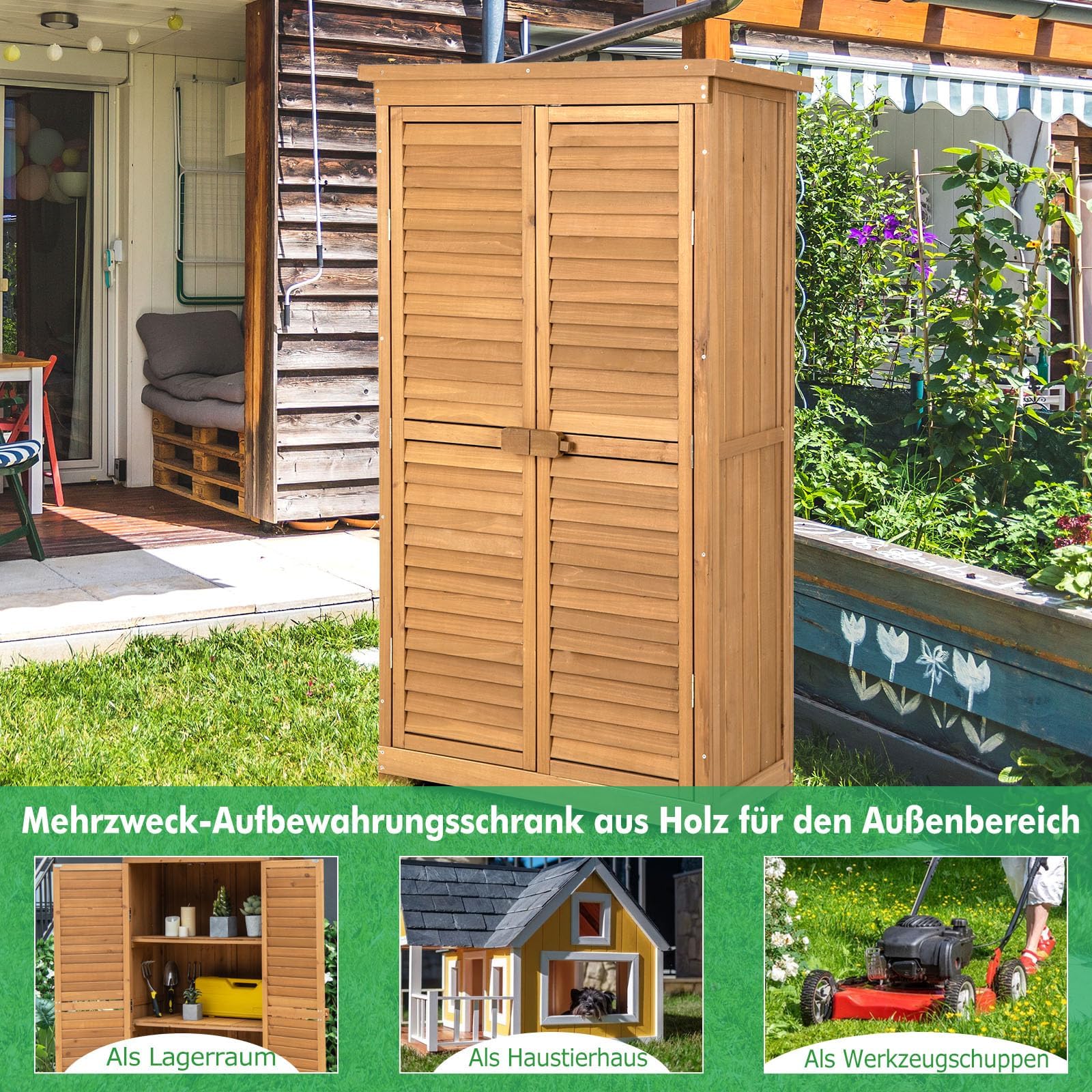 RELAX4LIFE Gartenhaus, Geräteschuppen Holz, Gerätehaus Wetterfest, Gartenschrank mit 3 Ausnehmbaren Regalen & Holzriegel, Holzschuppen mit Asphalt Satteldach, 87 x 47 x 160 cm