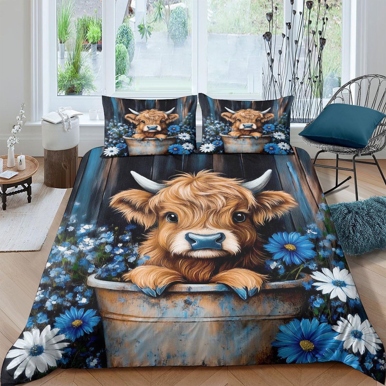 TUFRTGYHN 3D Printed Highland Cow Duvet Cover Microfiber Soft Blue Floral Quilt Cover Set, 2 Pillowcases, Breathable for Bedroom Home Decor Single（135x200cm）