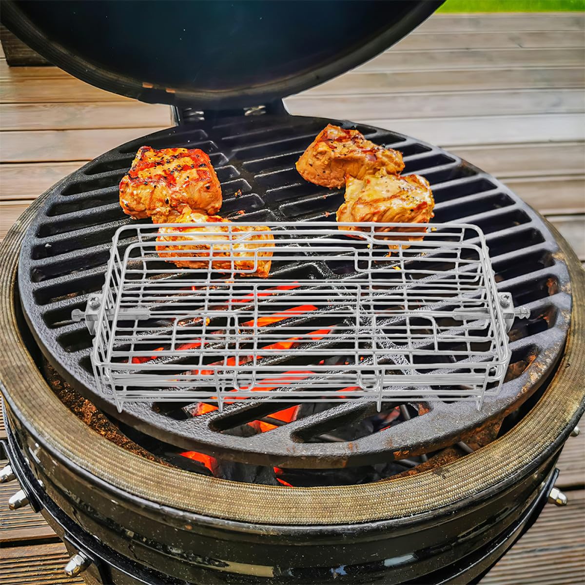 Griglia per pesce regolabile in acciaio inox, 356-412 mm, grande griglia rotante per barbecue per ali di pollo, carne e verdure, perfetta per cucinare all'aperto