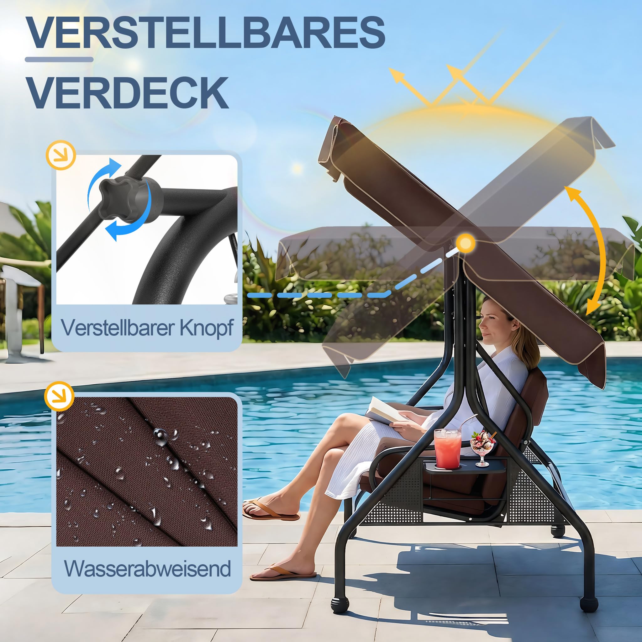 3-Sitzer Hollywoodschaukel 2in1 Sitz- und Liegeschaukel für Garten, verstellbare Liegefunktion mit Sonnendach und gepolsterter Sitzfläche Stahlrahmen bis 350 kg Belastbarkeit, Dunkelbraun