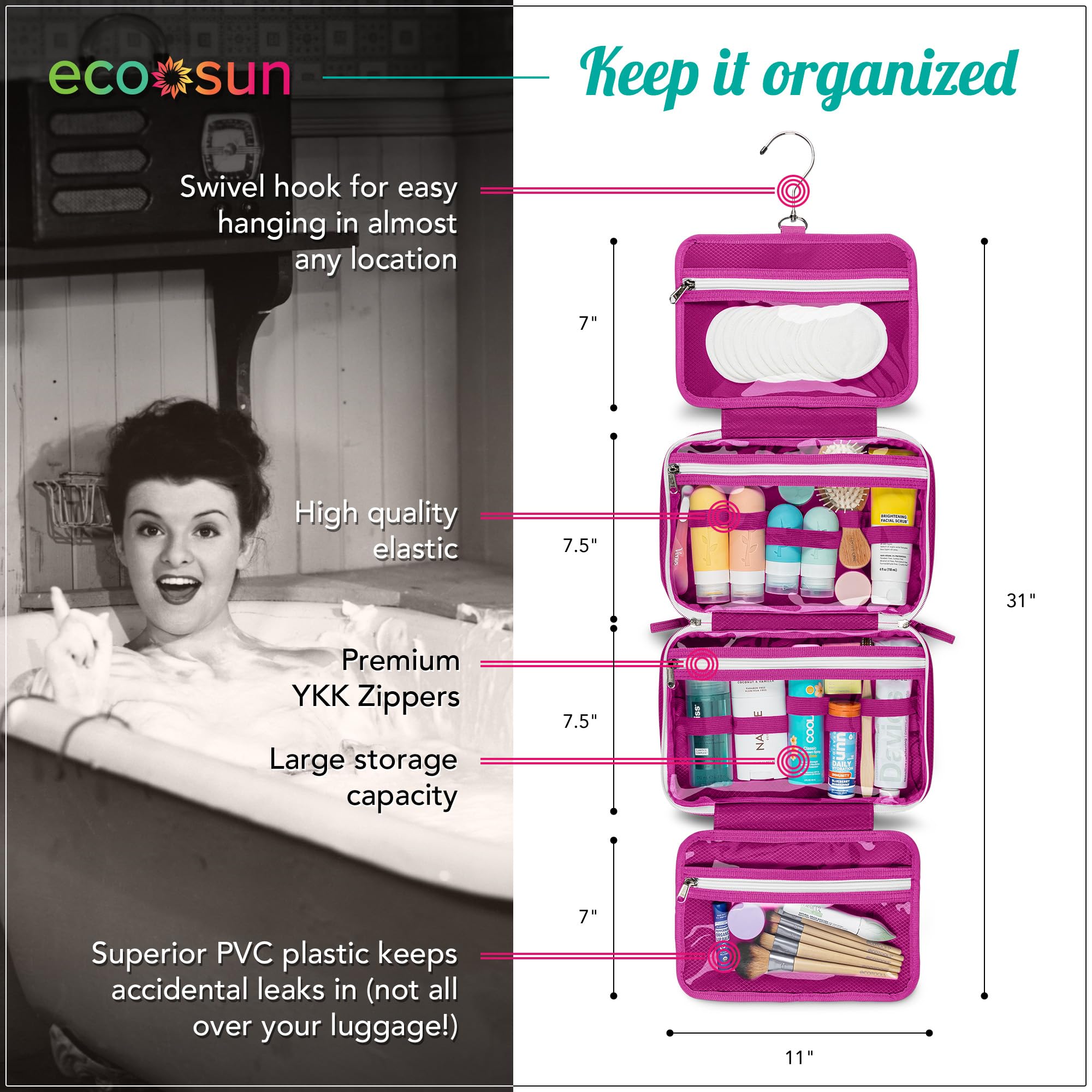 Eco Sun Neceser de viaje colgante, diseñado en Hawái, organizador de viaje resistente al agua para accesorios de baño, Magenta, Colgar