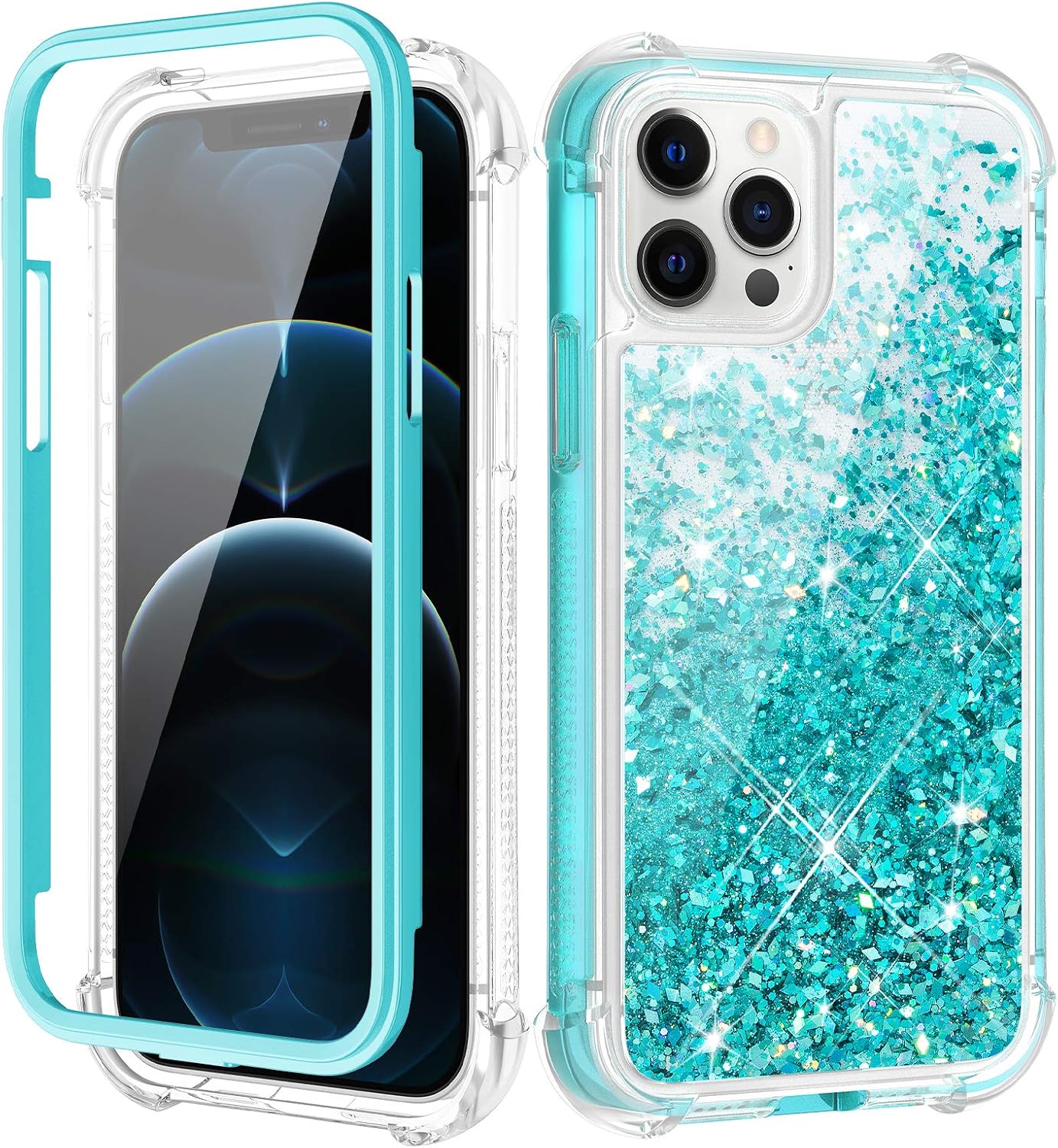 Caka Full Body Case Compatible with iPhone 12 12 Pro Glitter Liquid Case with Built in Screen Protector for Girls Women Girly Bling Sparkle Protective Case 6.1 inches (Teal)