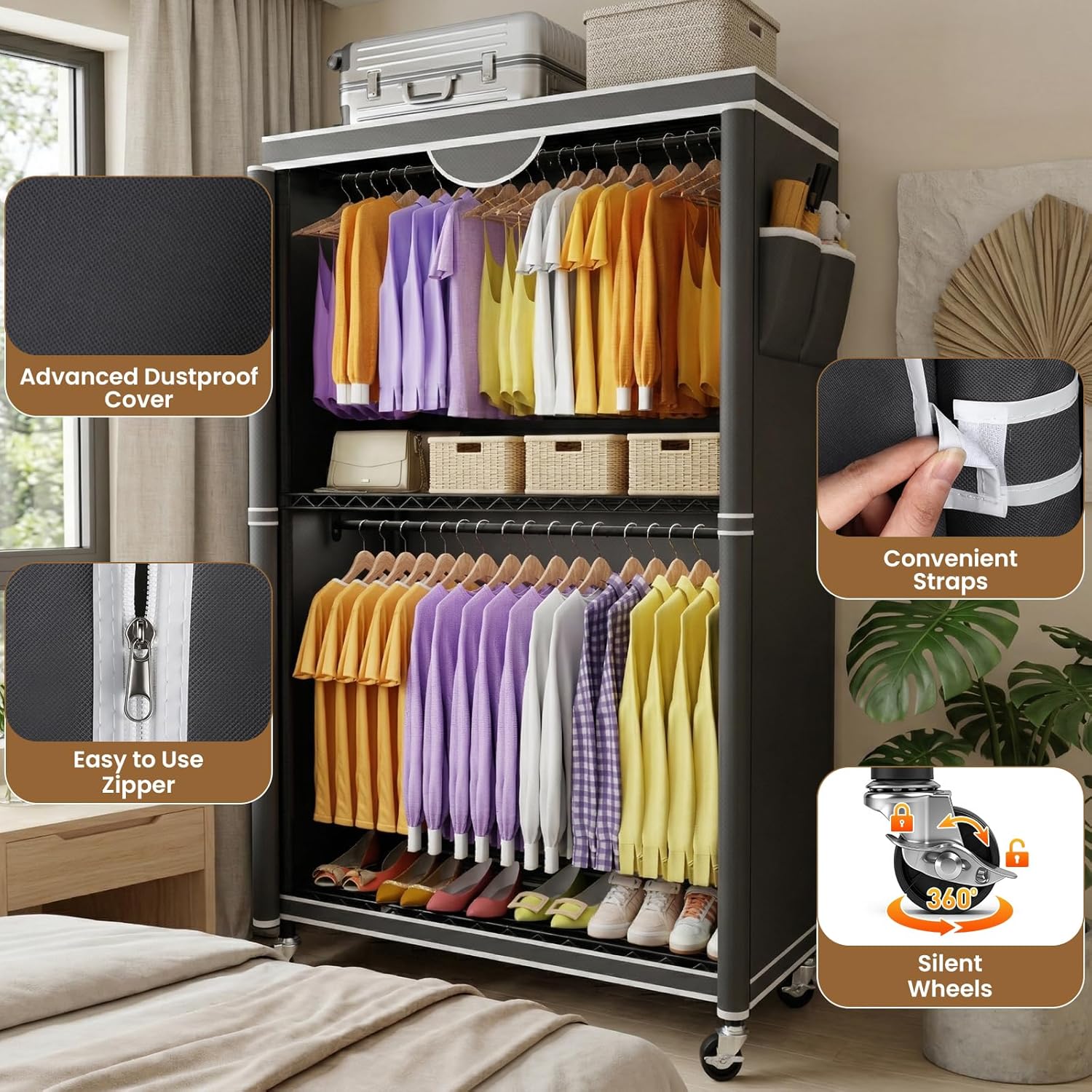 Clothes Rack With Cover, Heavy Duty Clothing Rack for Hanging Clothes, Rolling Garment Rack with Lockable Wheels, Metal Clothing Rack, Portable Closet 35.4"W x 17.1"D x 71.8"H, Hold 264 lbs, Black