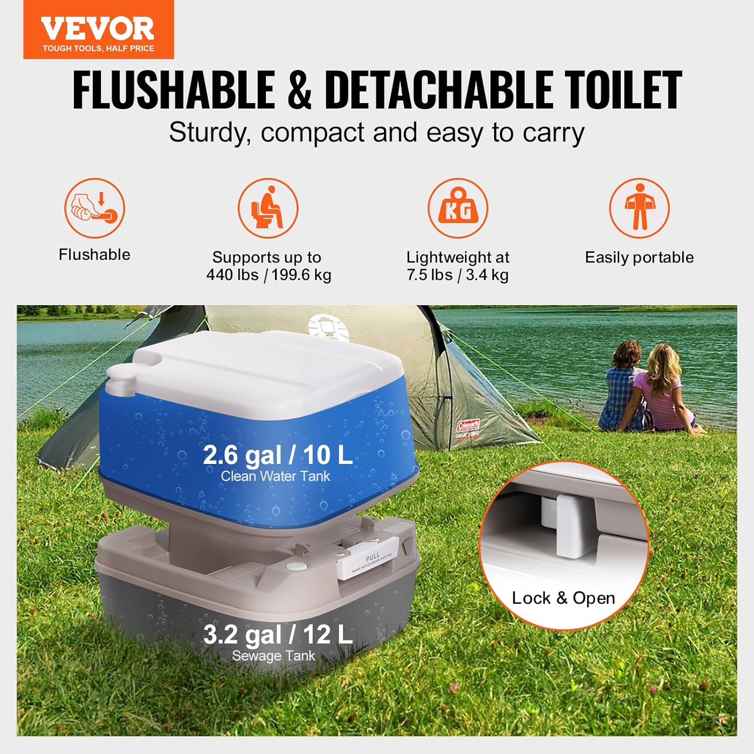 VEVOR Portable Toilet for Camping RV with Flush and Wakeman Pop Up Privacy Tent for Shower Dressing Room Toilet